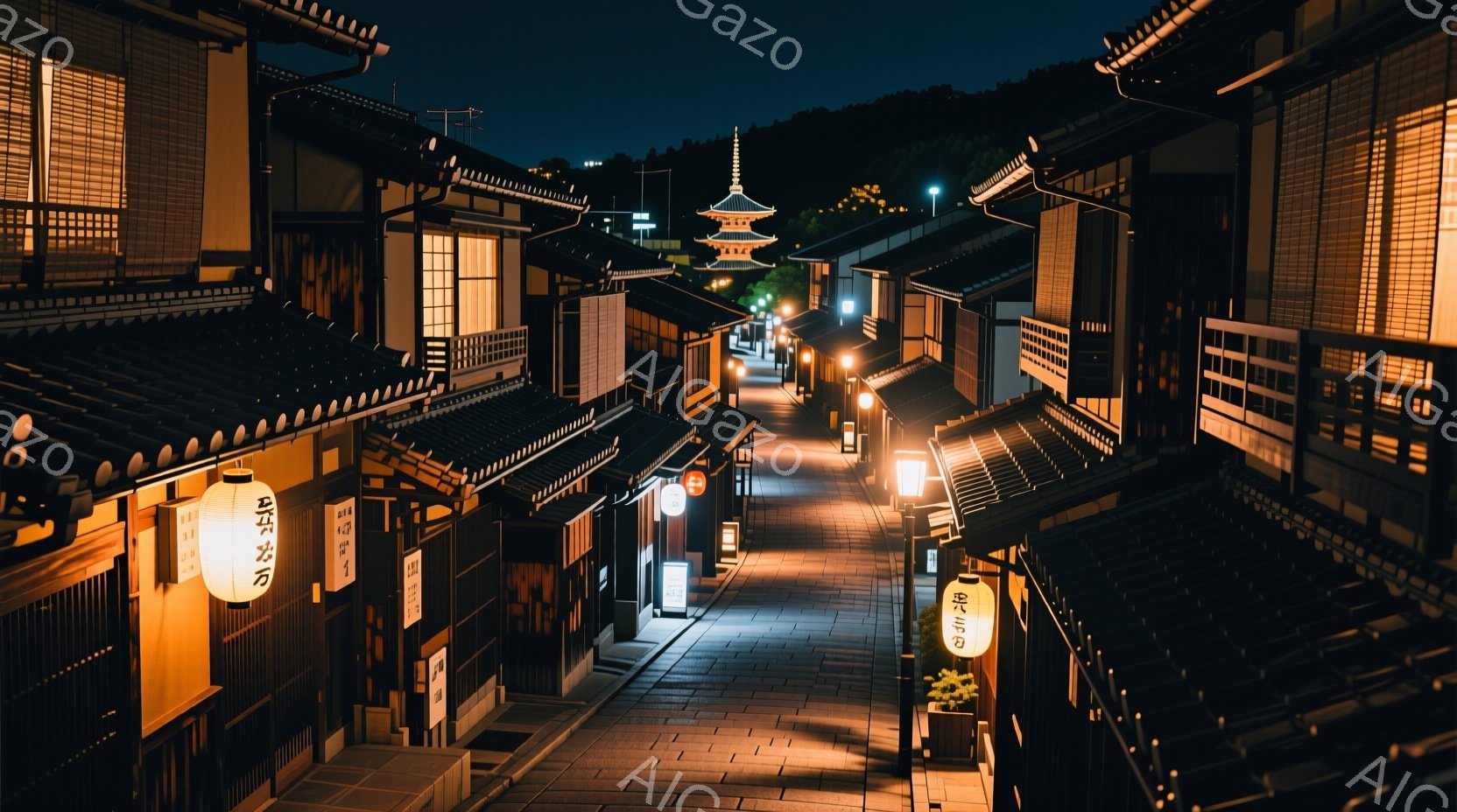 静かな夜、石畳の道が両側に古い木造建築に挟まれて伸びている。遠くには夕焼けに照らされた五重塔がそびえ立ち、路地には提灯が灯り、落ち着いた温かい雰囲気を醸し出している。建物は暗く、提灯や遠くの塔の光が道 - AI生成フリー素材