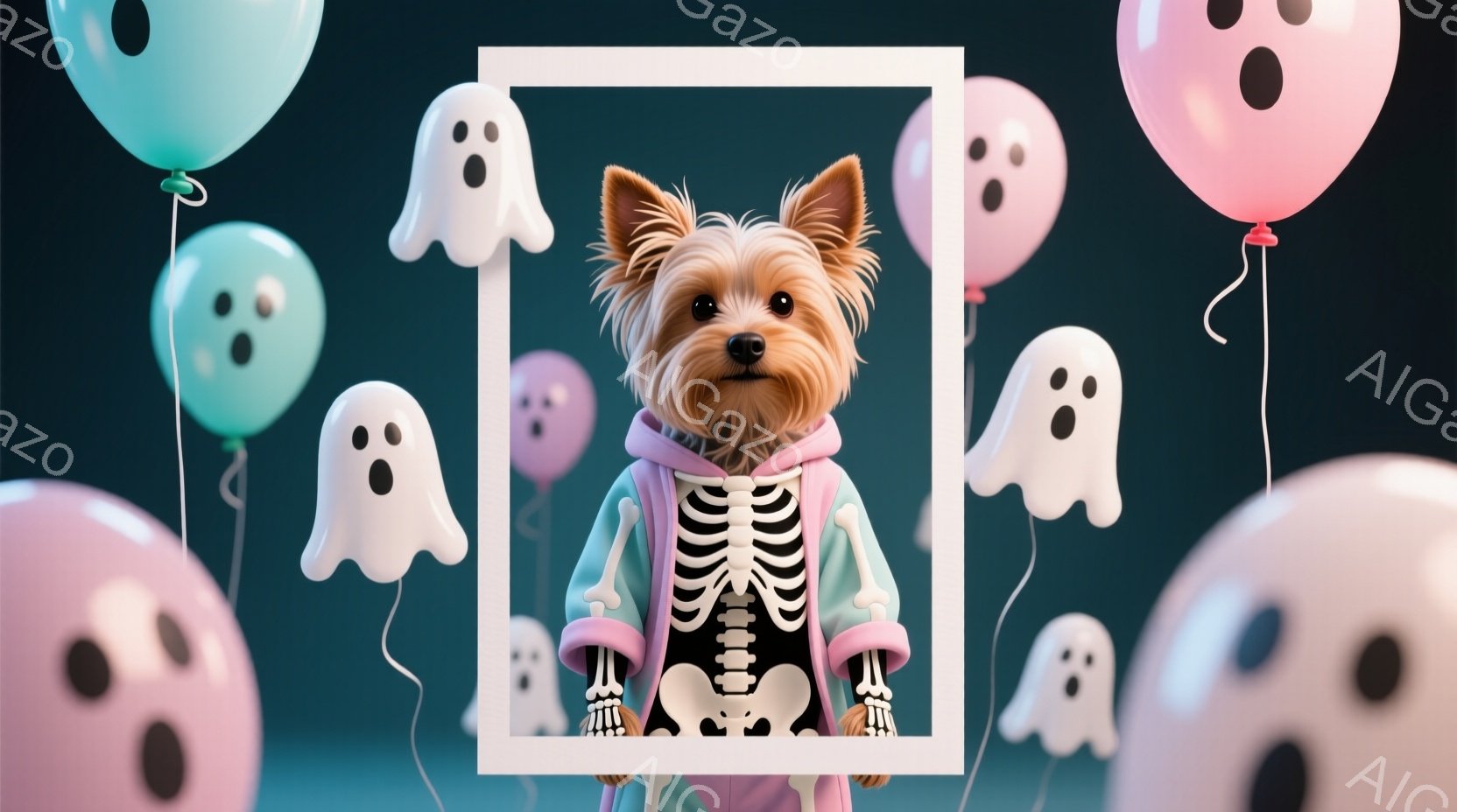 白いフレーム内に、ヨークシャーテリアがハロウィーン風の衣装を着て写っています。犬は骨格プリントのパーカーと淡いピンク色の服を着ており、正面を見つめています。背景には、お化けの形をした風船が散りばめられており、全体的に陽気で楽しいハロウィーンの雰囲気を醸し出しています。