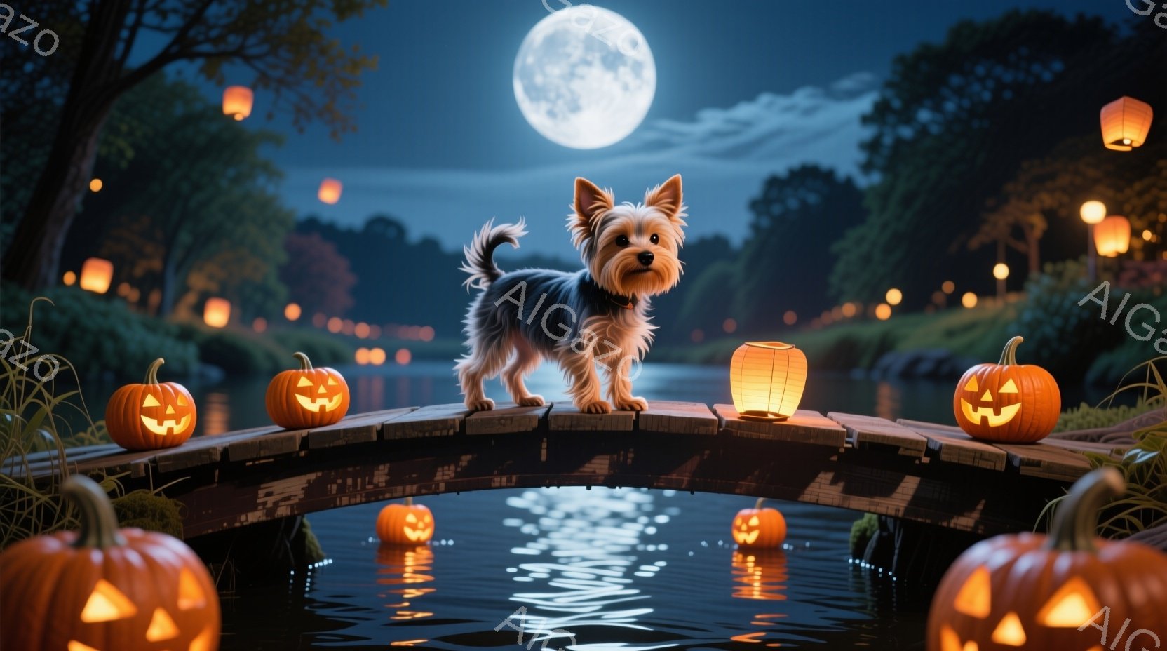 小さなヨークシャーテリアが、カボチャのランタンと提灯が並ぶ小さな橋の上で立っている。月明かりが水面に反射し、周囲の木々がシルエットになっている夜の風景だ。ハロウィーンの雰囲気で、どこか幻想的で温かい気 - AI生成フリー素材