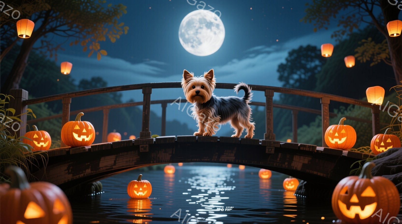 小さなヨークシャーテリアが、たくさんのジャック・オー・ランタンが浮かぶ池にかかる木製の橋の上に立っている。満月が夜空に輝き、水面には月明かりとランタンの光が反射して幻想的な雰囲気を醸し出している。全体 - AI生成フリー素材
