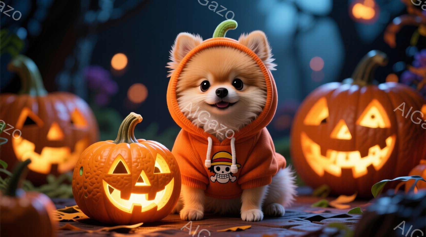 ふわふわの茶色のポメラニアンの子犬が、ハロウィーンの衣装であるオレンジ色のパーカーを着ています。パーカーにはドクロとクロスボーンズのマークがあり、子犬は正面を見て微笑んでいます。背景には、さまざまな大 - AI生成フリー素材