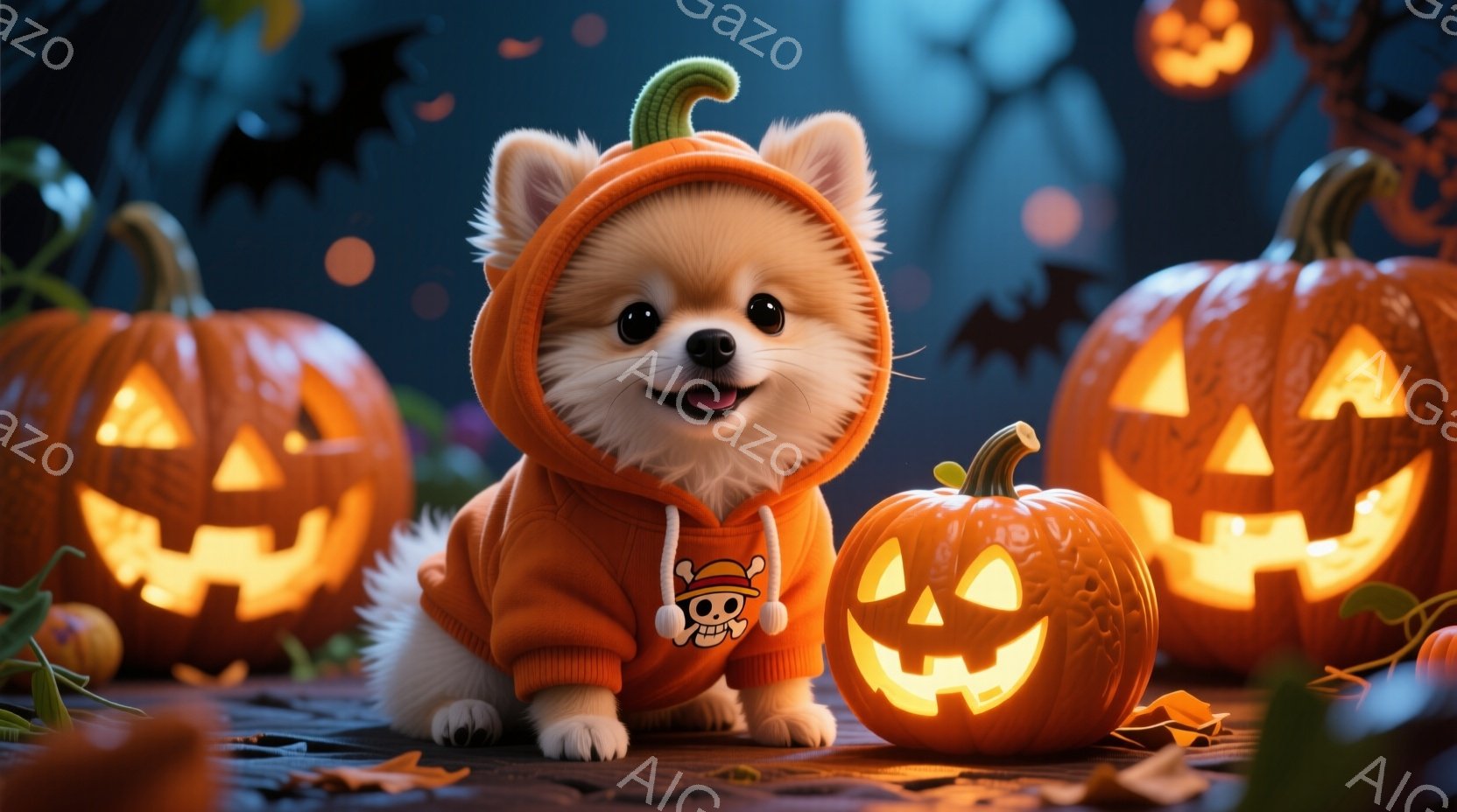 ふわふわの白い子犬が、ハロウィーンをテーマにしたオレンジ色のパーカーを着ています。パーカーには、骸骨のマークが描かれています。子犬は、彫刻されたジャック・オー・ランタンに囲まれた床に座っており、幸せそ - AI生成フリー素材