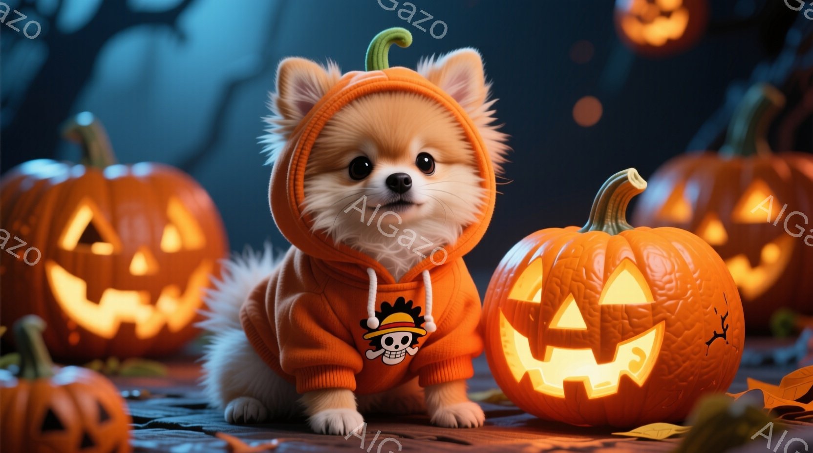 ふわふわの白い毛並みのチワワが、オレンジ色のパーカーを着て、ハロウィーンの背景に座っています。パーカーには、海賊旗のプリントがあり、ハロウィーンらしい雰囲気を醸し出しています。背景には、様々な大きさのジャック・オー・ランタンが並び、秋の夜の暖かく幻想的な雰囲気を演出しています。