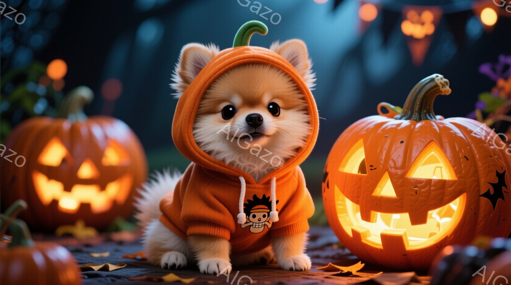 ふわふわのオレンジ色の毛並みを持つチワワの子犬が、ハロウィーンをテーマにしたオレンジ色のパーカーを着ています。パーカーには可愛らしいお化けの絵が描かれており、子犬は少し緊張した様子で正面を見つめています。背景には、様々な大きさのジャック・オ・ランタンが配置され、秋の夜のハロウィーンの雰囲気を醸し出しています。