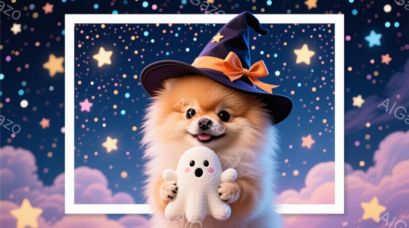 ふわふわの白い毛並みを持つポメラニアンが、オレンジのリボンがついた黒い魔女帽子を被っています。そのポメラニアンは、小さな白い幽霊のぬいぐるみを抱え、嬉しそうにこちらを見ています。背景には、パステルカラ - AI生成フリー素材