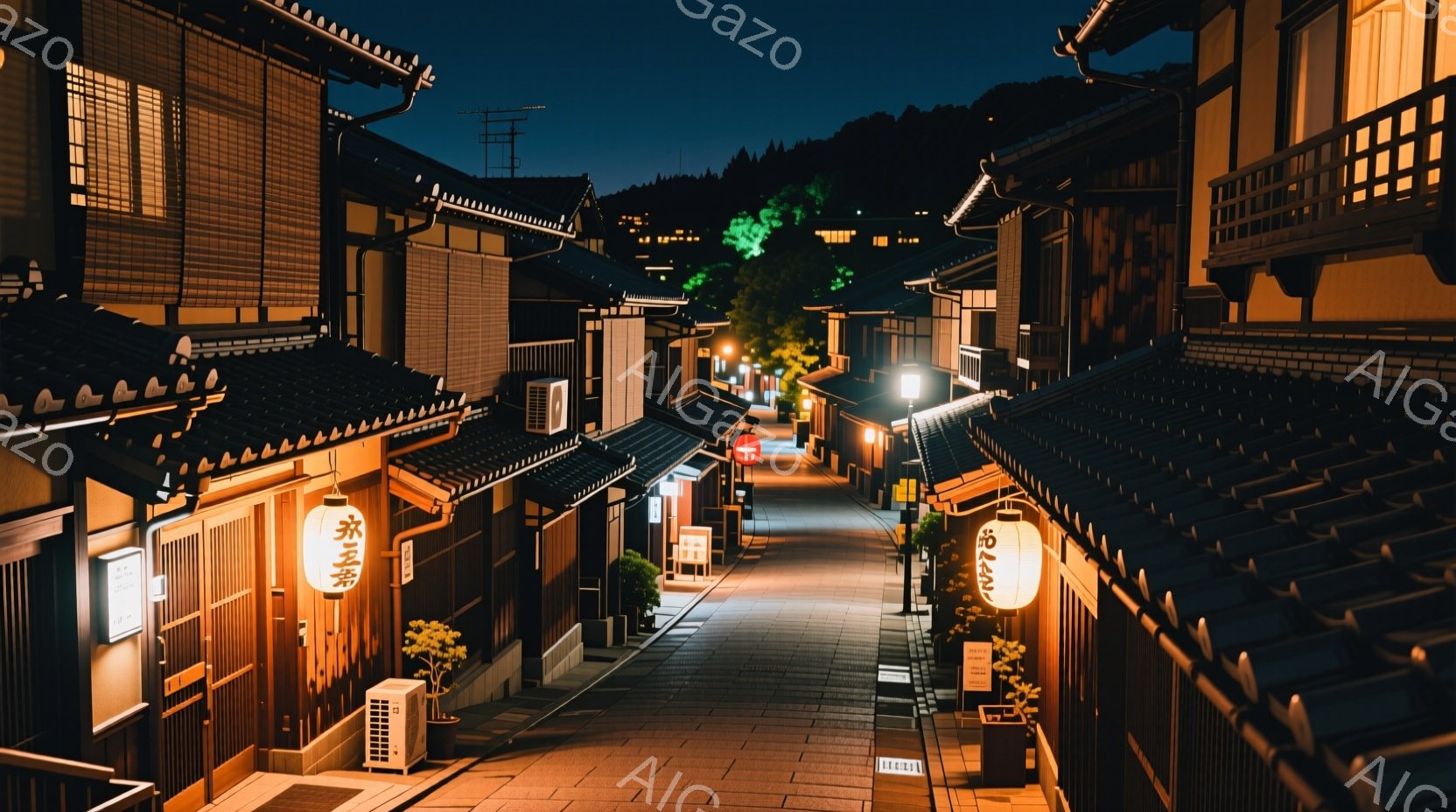 石畳の道が両側に古い木造建築に挟まれて続いており、暖色の提灯がそれぞれの建物の前に吊るされている。背景には暗い山並みがそびえ立ち、夜空にはわずかな光が見える。全体として、静かで趣のある、歴史的な日本の - AI生成フリー素材