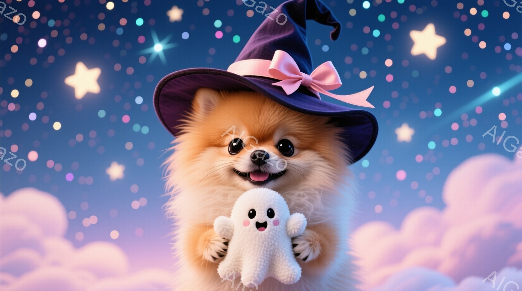 ふわふわの茶色のポメラニアンが、紫色のリボンがついた黒い魔女帽子を被っています。ポメラニアンは白いお化けの人形を抱きしめ、嬉しそうな表情をしています。背景は、パステルカラーの雲と星空で、夢のような幻想的な雰囲気です。