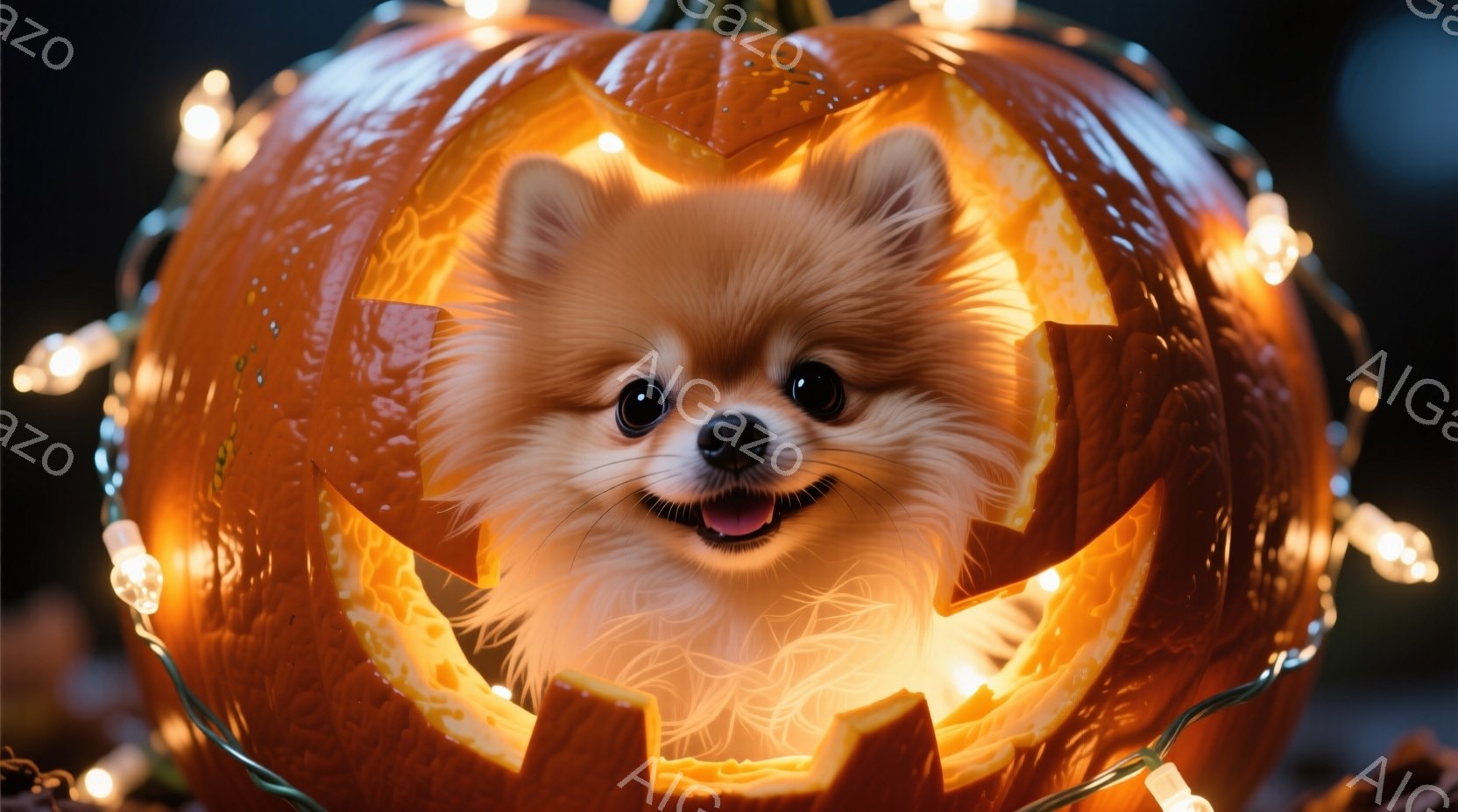 ふわふわのクリーム色の毛並みを持つチワワが、ハロウィーンのくり抜きカボチャの中に可愛らしく顔を覗かせています。カボチャの内側はオレンジ色に光り、犬の表情は明るく、まるで楽しんでいるかのようです。背景に - AI生成フリー素材