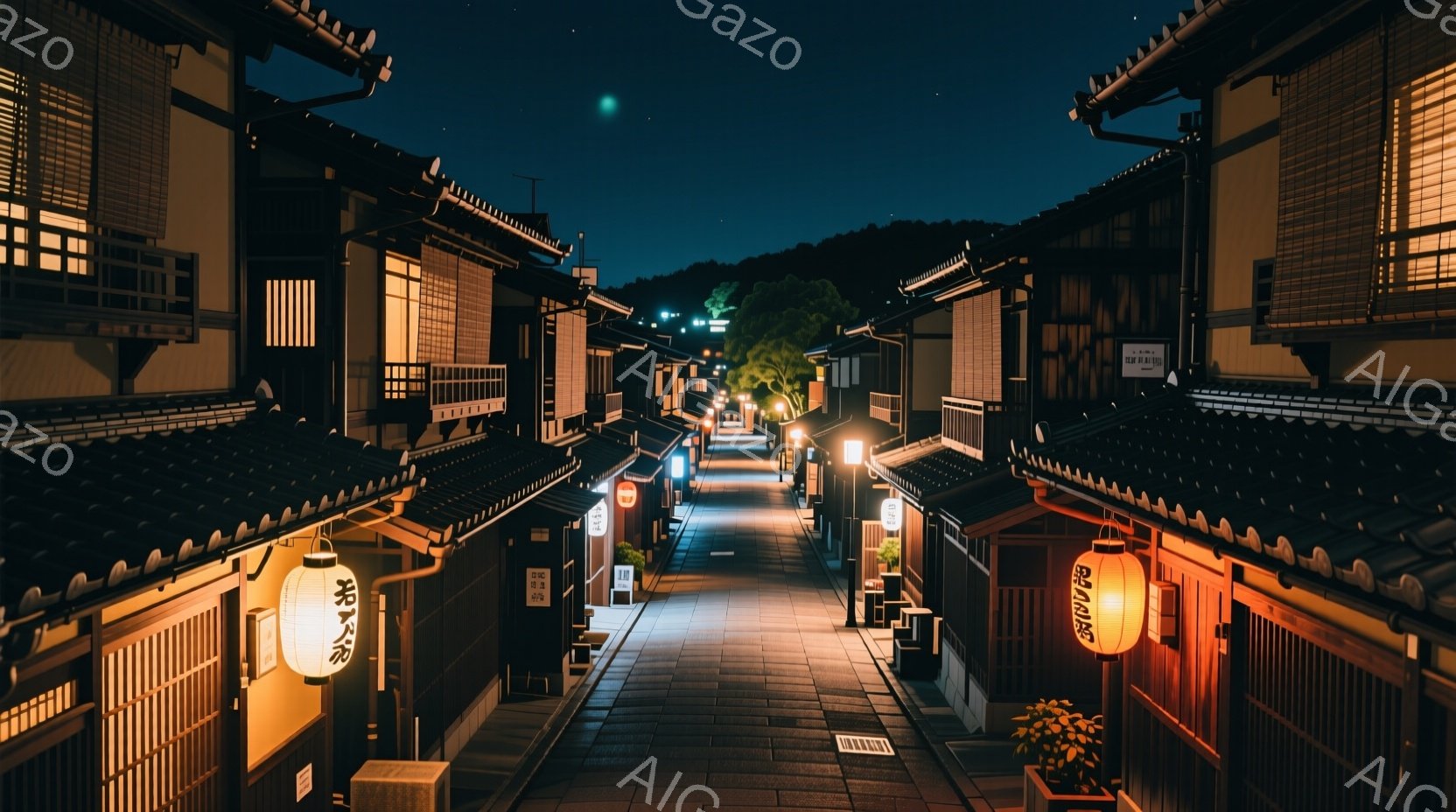 石畳の道が両側に古い木造建築が並び、夜の静けさが漂う風景です。建物の壁には提灯が灯り、温かい光が石畳を照らしています。遠くには緑豊かな山々が見え、夜空には星が輝き、古都の趣を感じさせる穏やかな雰囲気で - AI生成フリー素材