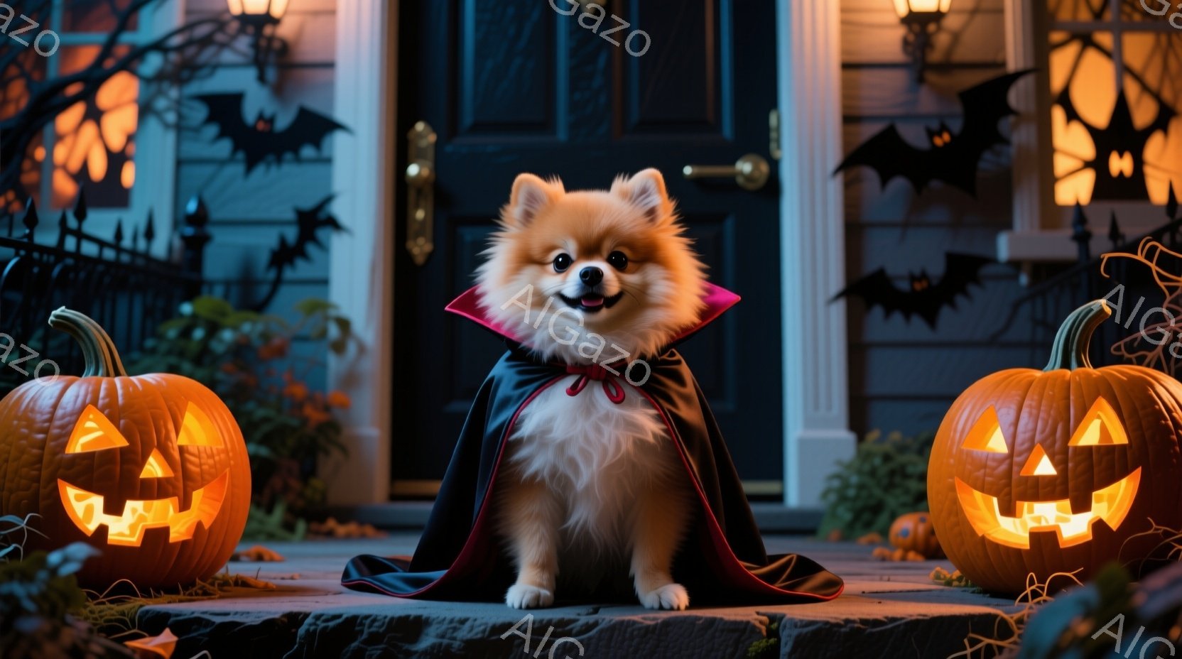 ポメラニアンがハロウィーンの衣装を着て玄関の階段に座っています。黒いマントと赤い襟が特徴的で、可愛らしい表情をしています。背景には、ハロウィーンの飾り付けであるカボチャやお化け屋敷のような建物があり、 - AI生成フリー素材