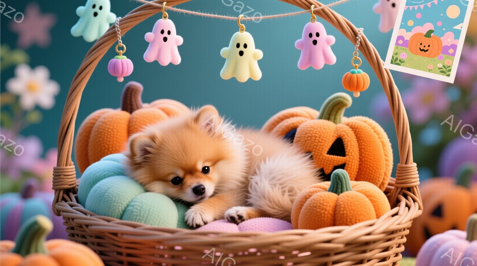ポメラニアンの子犬が、オレンジと水色のカボチャに囲まれたバスケットの中に横たわっています。頭上には、可愛らしいお化けの飾り付けがぶら下がっており、背景には紫色の花がぼんやりと見えます。全体的に、暖かく - AI生成フリー素材