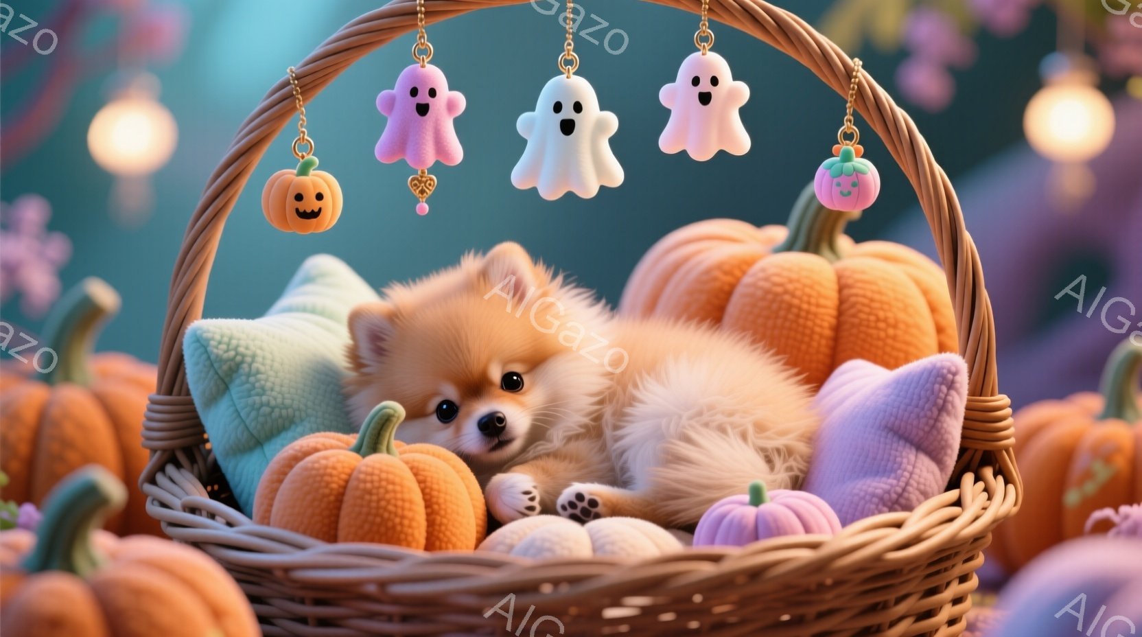 ポメラニアンの子犬が、オレンジと紫色のカボチャに囲まれたバスケットの中に丸まって座っています。カボチャの周りには可愛らしいお化けの飾りとカボチャの形のオーナメントが吊るされ、背景はぼかして暖色系の光が - AI生成フリー素材