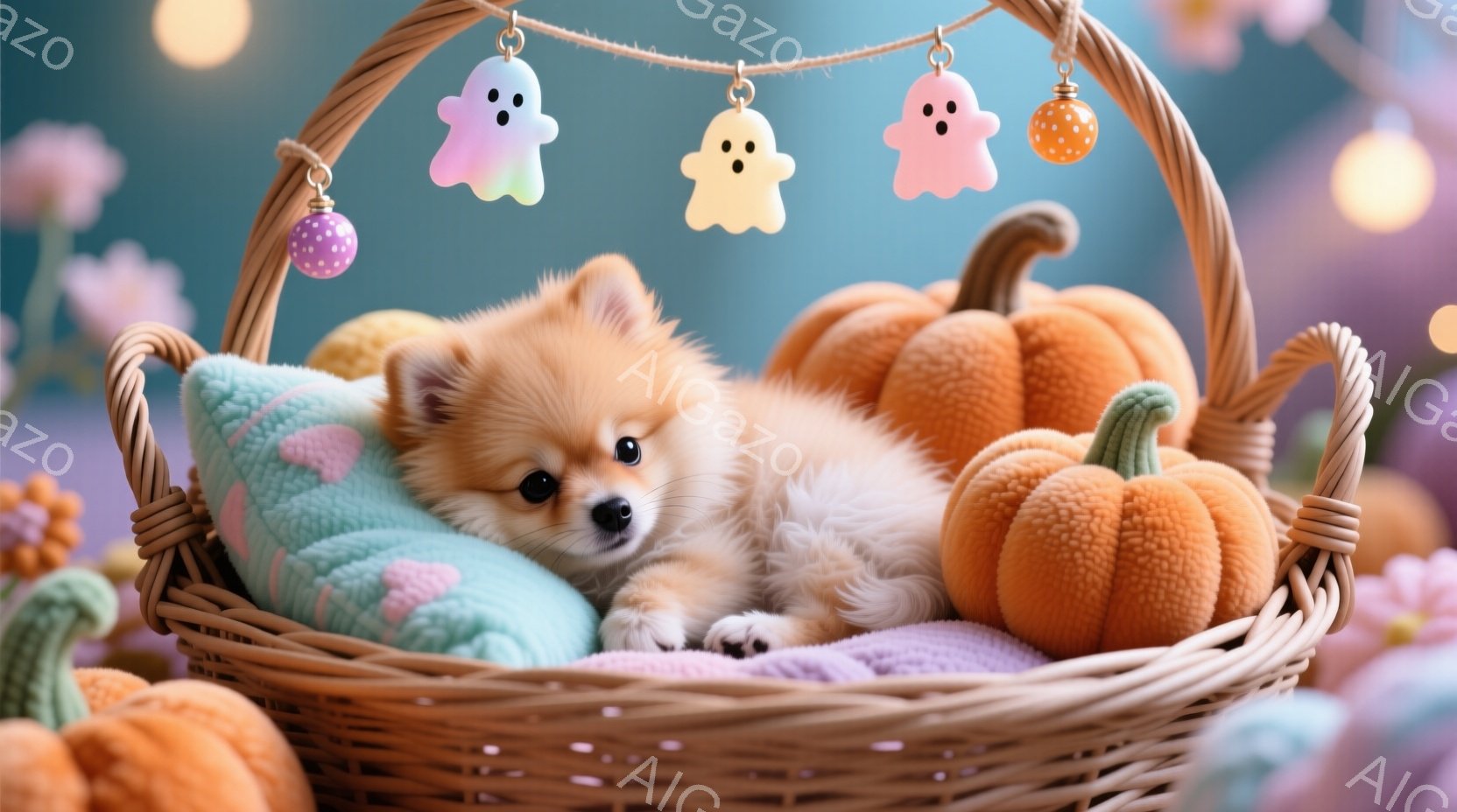 籠の中にふわふわのクリーム色のチワワが横たわっています。周りにはオレンジ色のカボチャのぬいぐるみが置かれ、頭上には可愛らしいお化けの飾りと光のストリングが飾られています。全体的に暖かく、お祭り気分で満 - AI生成フリー素材