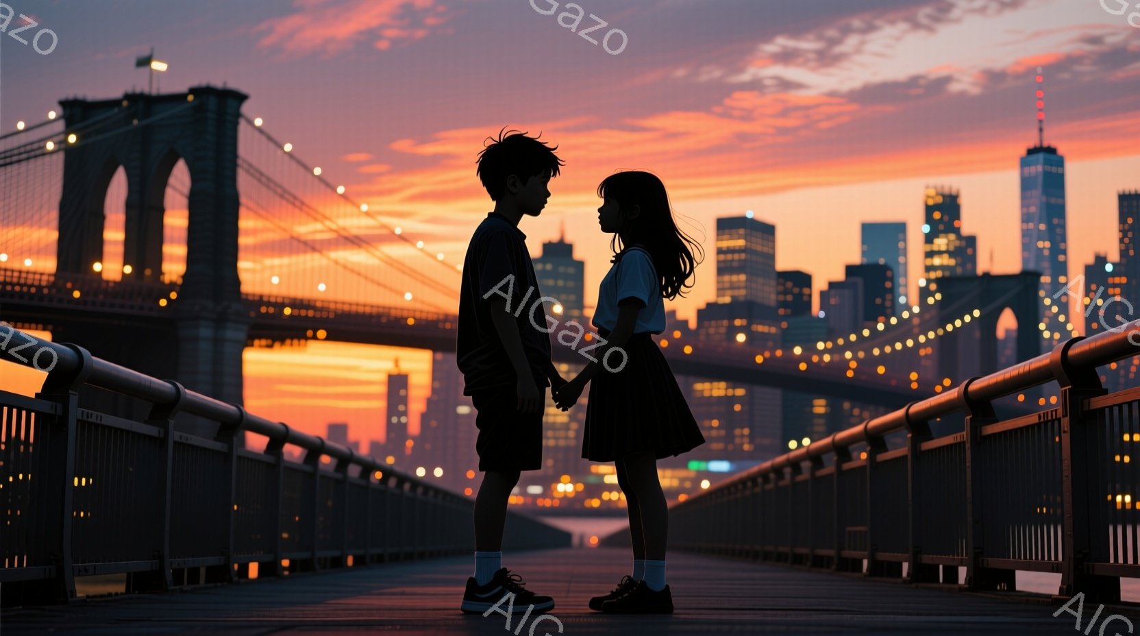 少年と少女が、ニューヨークのブルックリン橋の上で手をつないで立っている。少年は短い黒髪で、Tシャツと短パン姿、少女は長い黒髪で、白いTシャツに黒いスカートを履いている。背景には夕焼け空とマンハッタンのスカイラインが広がり、ロマンチックで穏やかな雰囲気が漂っている。