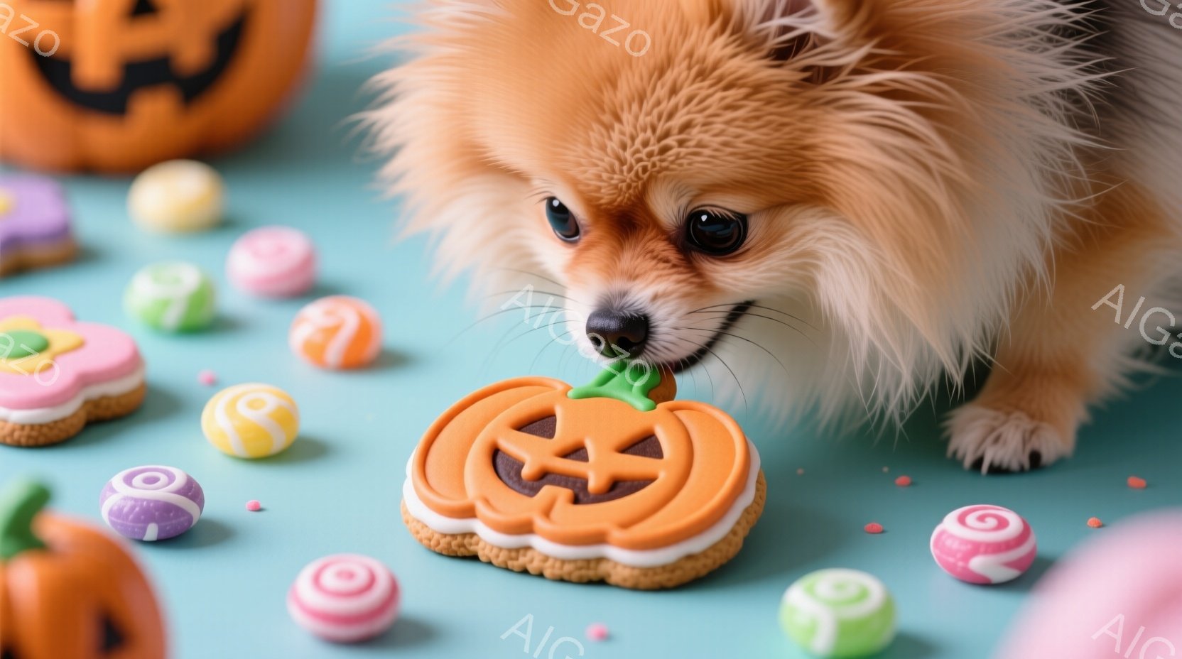 ポメラニアンがハロウィーンのクッキーを口に含んでいる写真です。背景は水色のキャンバスのようなもので、様々なカラフルなキャンディーや、ハロウィーンの小さなカボチャが散りばめられています。暖かく、お祭り気 - AI生成フリー素材