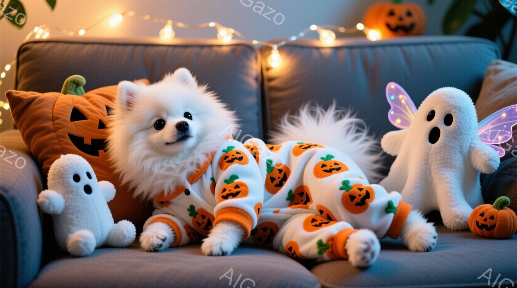 白い毛並みの小型犬が、オレンジと白のハロウィーン柄のパジャマを着て、灰色のソファーに横たわっています。犬はリラックスした表情で、周りにはカボチャと幽霊のぬいぐるみが置かれ、ハロウィーンの装飾が施された - AI生成フリー素材