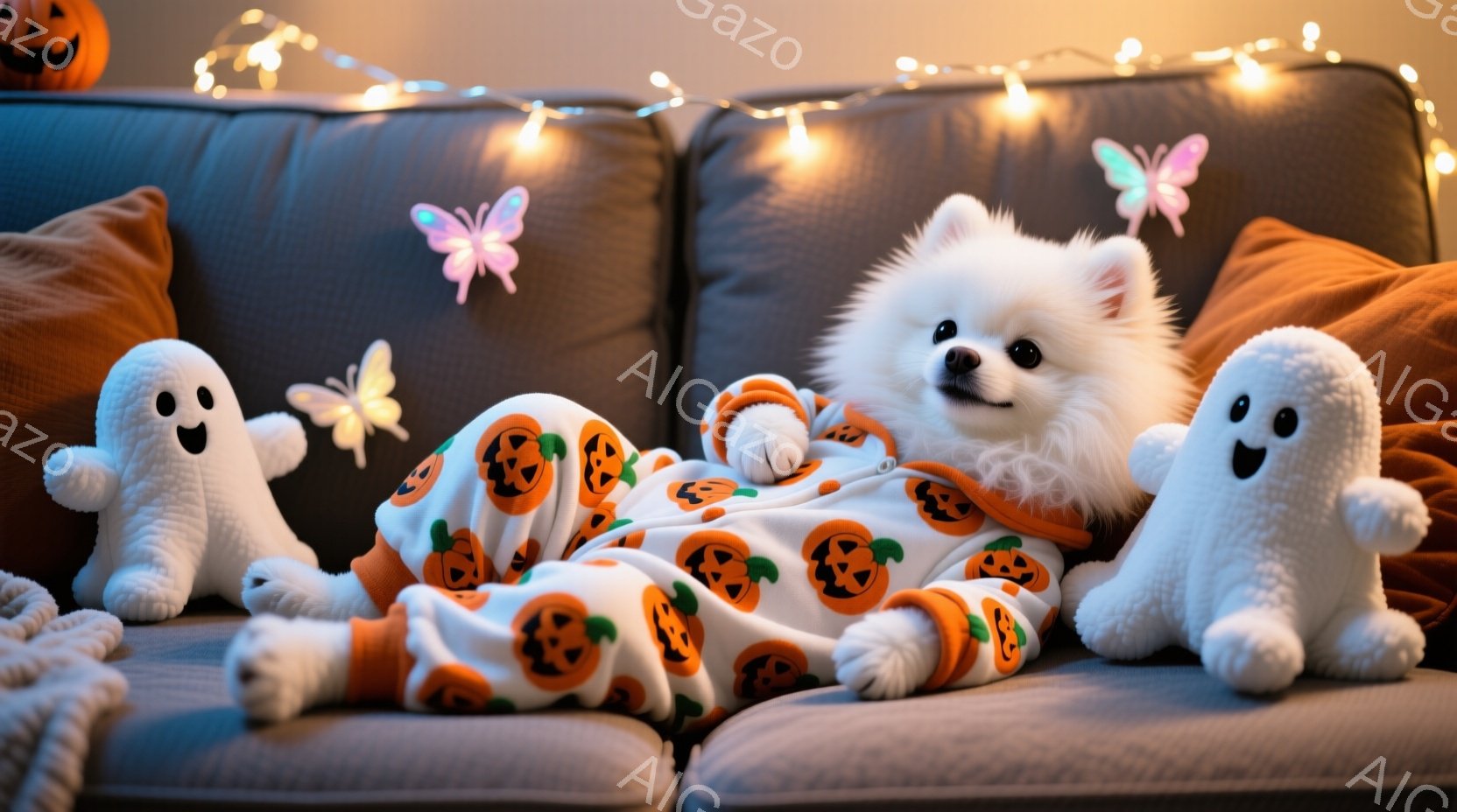 白い毛並みの小型犬が、ハロウィンのカボチャ柄のパジャマを着てソファに横たわっています。犬はリラックスした表情で、両手を前に出してくつろいでおり、その周りには白いお化けのぬいぐるみと、ハロウィーンの飾り付けが散りばめられています。背景は暗く、オレンジ色のクッションと光るハロウィーンの装飾が、温かく楽しい雰囲気を醸し出しています。