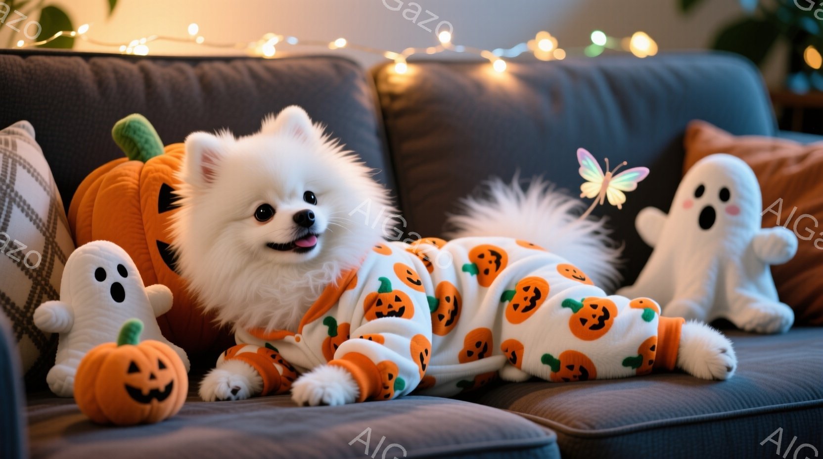 白いポンポンのような毛並みの犬が、ハロウィーン風のオレンジ色のカボチャ柄のパジャマを着て、灰色のソファーに横たわっています。犬は笑顔で、小さなオレンジ色のカボチャと幽霊のぬいぐるみに囲まれ、頭の上には - AI生成フリー素材