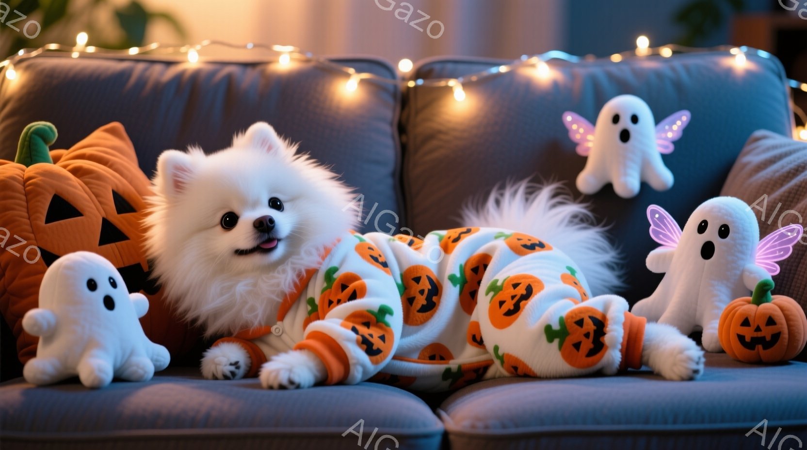 白いポメラニアンが、オレンジと白のハロウィン柄のパジャマを着て、グレーのソファに横たわっています。その周りには、可愛らしいゴーストのぬいぐるみとカボチャのクッションが配置され、ハロウィンの雰囲気を演出 - AI生成フリー素材