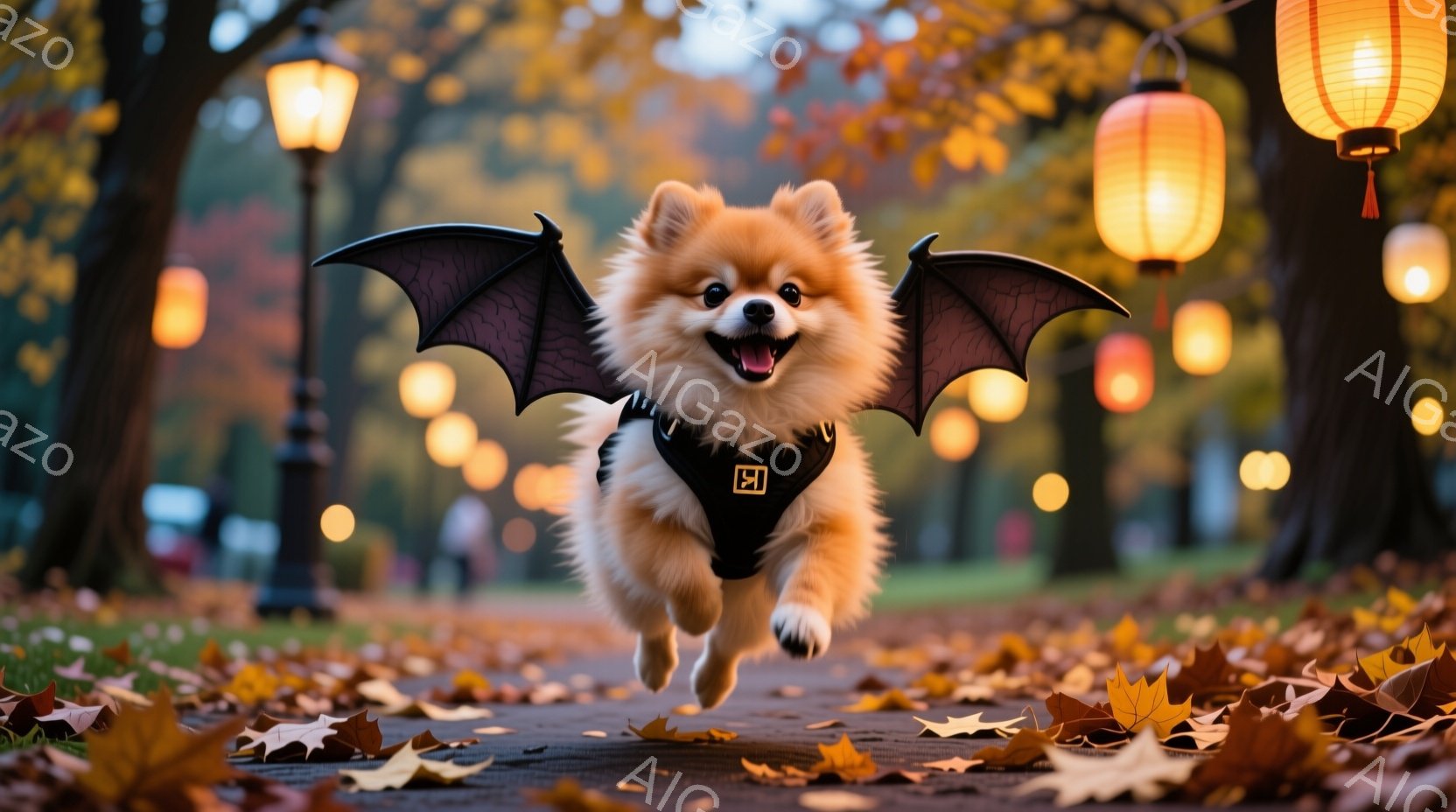 鮮やかなオレンジ色の毛並みを持つ小型犬が、黒いハーネスと翼をつけて走っている。背景には落葉が舞い散る遊歩道と、ぼんやりと光る提灯が並び、秋の暖かい雰囲気が漂っている。犬は口を開けて楽しそうに走り、その表情はとても愛らしい。