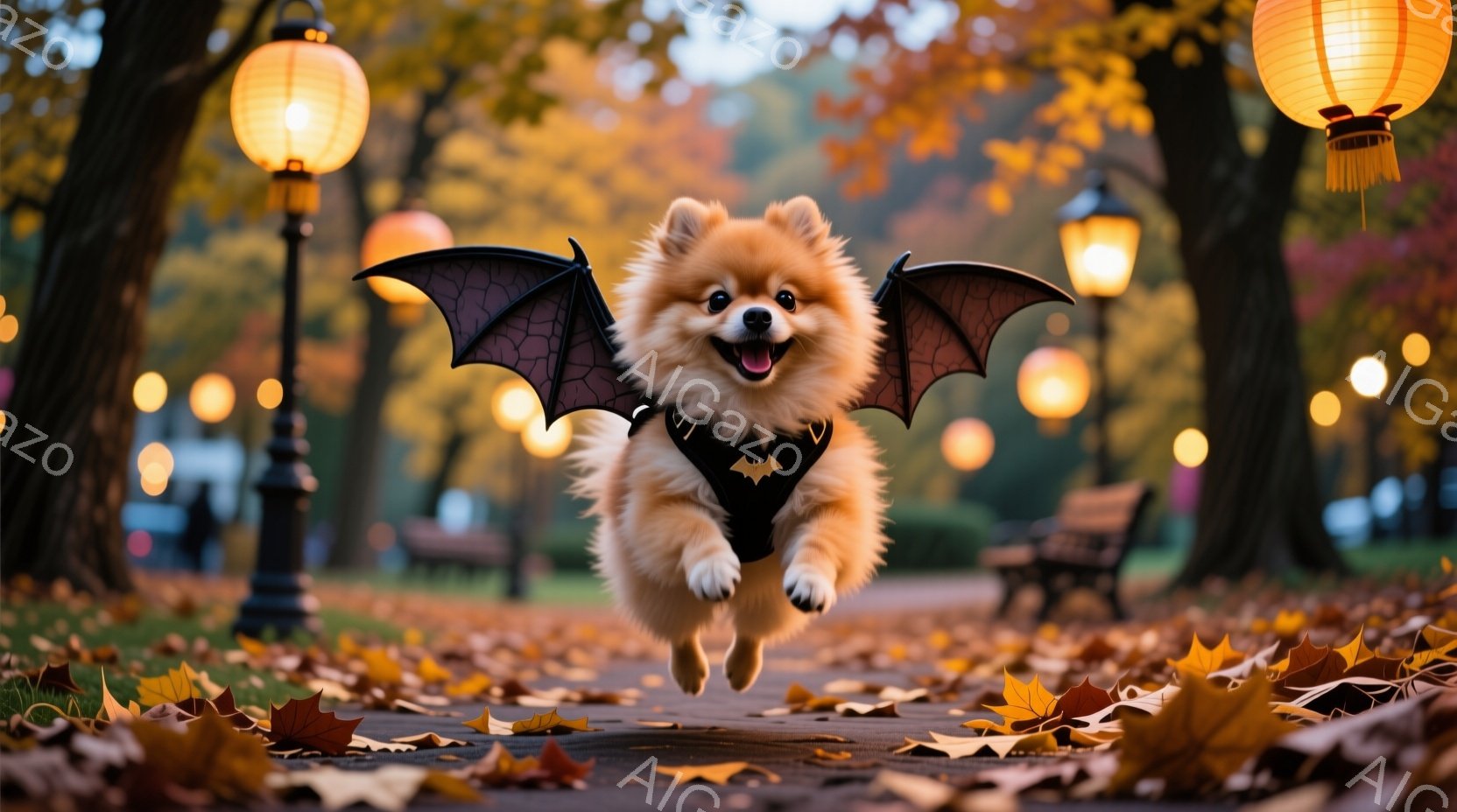 ふわふわの茶色のポメラニアンが、ハロウィンのための黒い蝙蝠の羽をつけて、公園の小道で飛び跳ねています。背景には、夕暮れ時の暖色の光が差し込む木々とベンチが見え、落ち葉が散らばる道が秋の雰囲気を醸し出しています。愛らしい犬は嬉しそうに口を開けており、遊び心満載の楽しい瞬間を捉えています。
