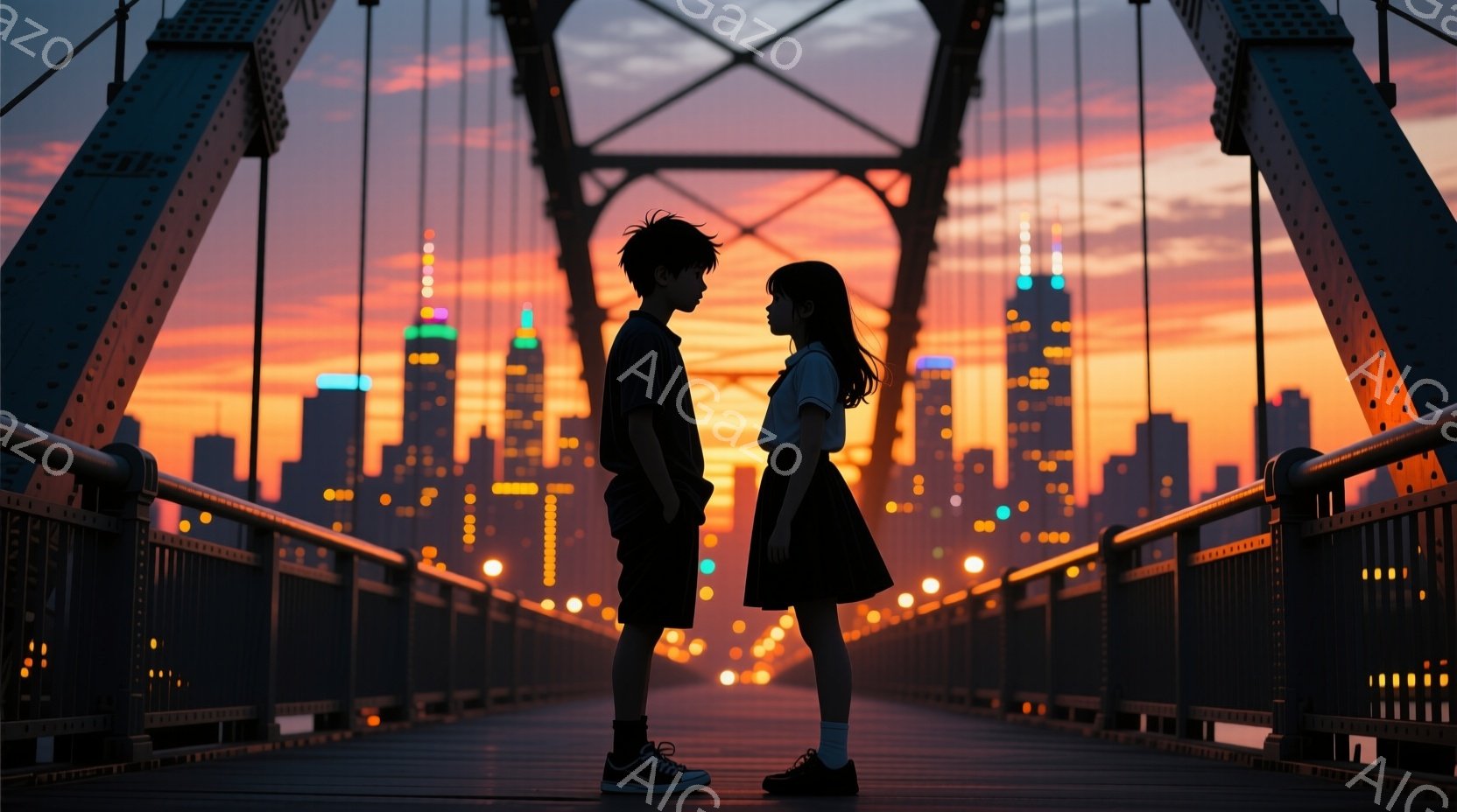 夕暮れ時の橋の上で、少年と少女が向き合って立っている。少年は短い黒髪で、短パンとTシャツ姿、少女は長い黒髪を後ろでまとめ、スカートと靴下を履いている。背景には都市のスカイラインが広がり、夕焼け空が橋をオレンジ色と赤色に染めている。