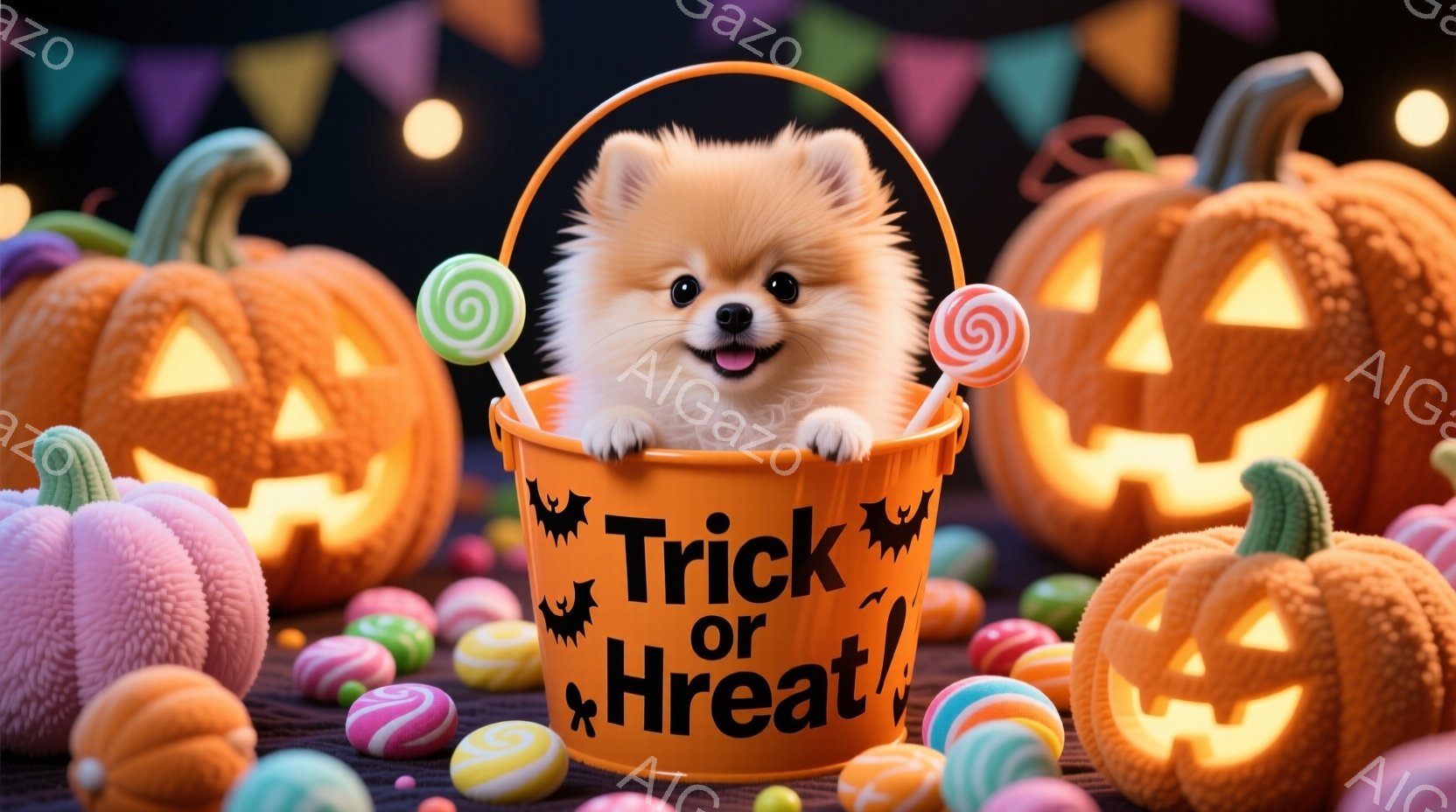 オレンジ色の背景に、ハロウィーンの装飾が散りばめられています。小さな茶色のポメラニアンが「トリック・オア・トリート」と書かれたオレンジ色のバケツの中に座っており、顔には喜びの表情が見られます。周りには - AI生成フリー素材
