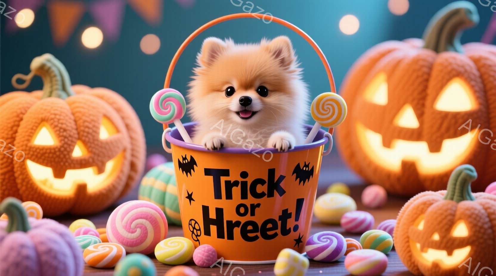 オレンジ色の背景に、ハロウィーンの装飾が散りばめられています。バケツの中にふわふわの白い子犬が座っており、バケツには「Trick or Treat!」と書かれています。周囲にはカラフルなキャンディが散 - AI生成フリー素材