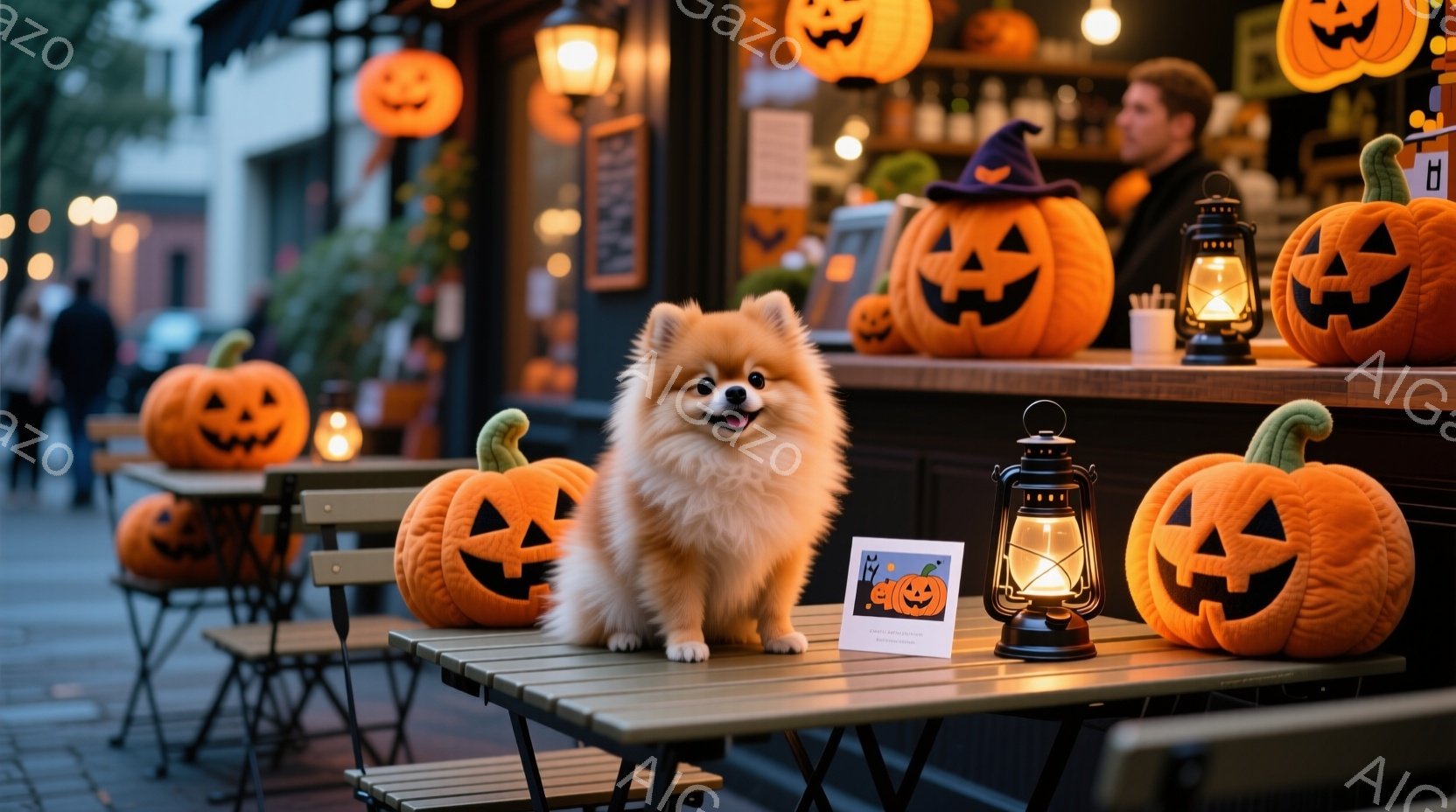 ハロウィーンの飾り付けがされた屋外カフェの一角に、ふわふわの茶色のポメラニアンが座っています。周囲には、点灯したジャック・オー・ランタンやランタンが置かれ、ハロウィーンの雰囲気を盛り上げています。背景には、ぼんやりと人影が見え、カフェの建物は薄暗い光で照らされ、趣のある雰囲気です。