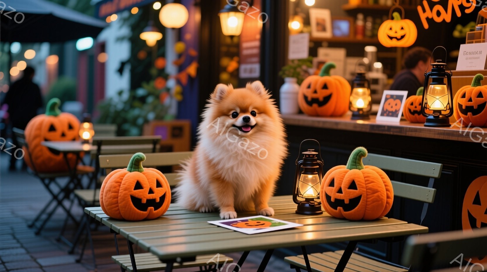 この、ホッピング・ジャック・オーバータウンにおけるハロウィンの雰囲気を捉えたものです。中央には、小さなフレンチブルドッグが座っています。その周りには、パンプキンに酷似した照明が点在し、横には木製のテーブルと椅子が並んでいます。バックグラウンドには、お化けを模倣した装飾物が視えるようになっており、屋外の店舗や路面の人々もあります。写真全体として、楽しいホッピング・ジャックの雰囲気が感じられます。