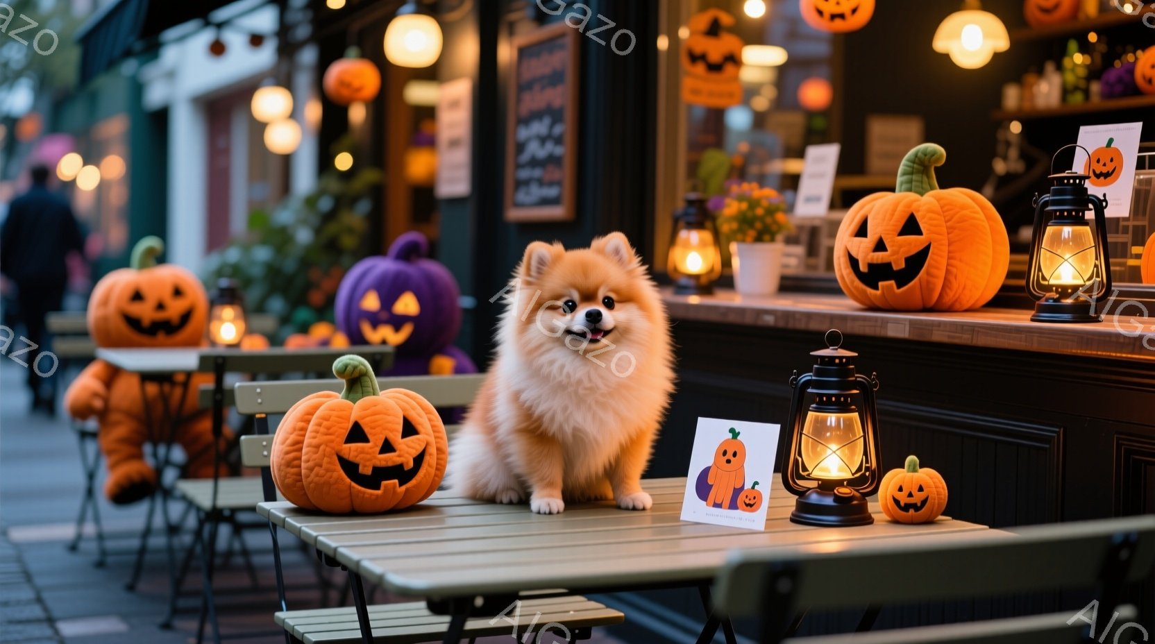 明るいオレンジ色のポメラニアンが、ハロウィーンの飾り付けがされたカフェの屋外席に座っています。周囲には、様々な大きさや色のジャック・オー・ランタンや、可愛らしいイラストが描かれたプレートが置かれていま - AI生成フリー素材