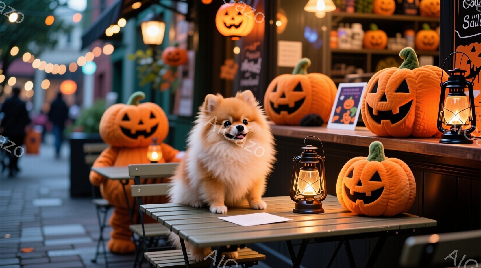 ポメラニアンが、ハロウィーンの装飾が施された屋外のカフェのテーブルに座っています。背景には、さまざまな大きさのジャック・オー・ランタンや、点灯されたランタンが並び、テーブルには小さなランタンが置かれて - AI生成フリー素材