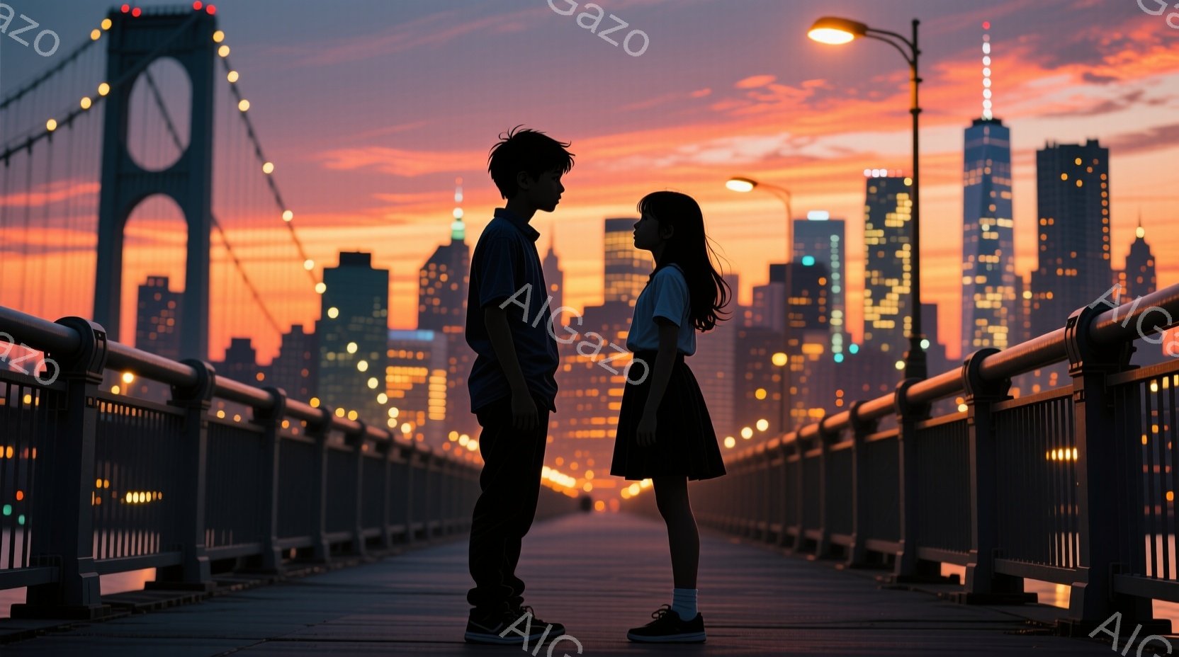 夕暮れ時のニューヨークの橋の上で、少年と少女が向き合って立っている。少年は黒髪で、カジュアルな服装をしており、少女は長い黒髪を後ろで結んでおり、スカートとスニーカーを履いている。背景には、夕焼けに照らされた摩天楼が広がり、暖かい光が都市全体を包み込んでいる。