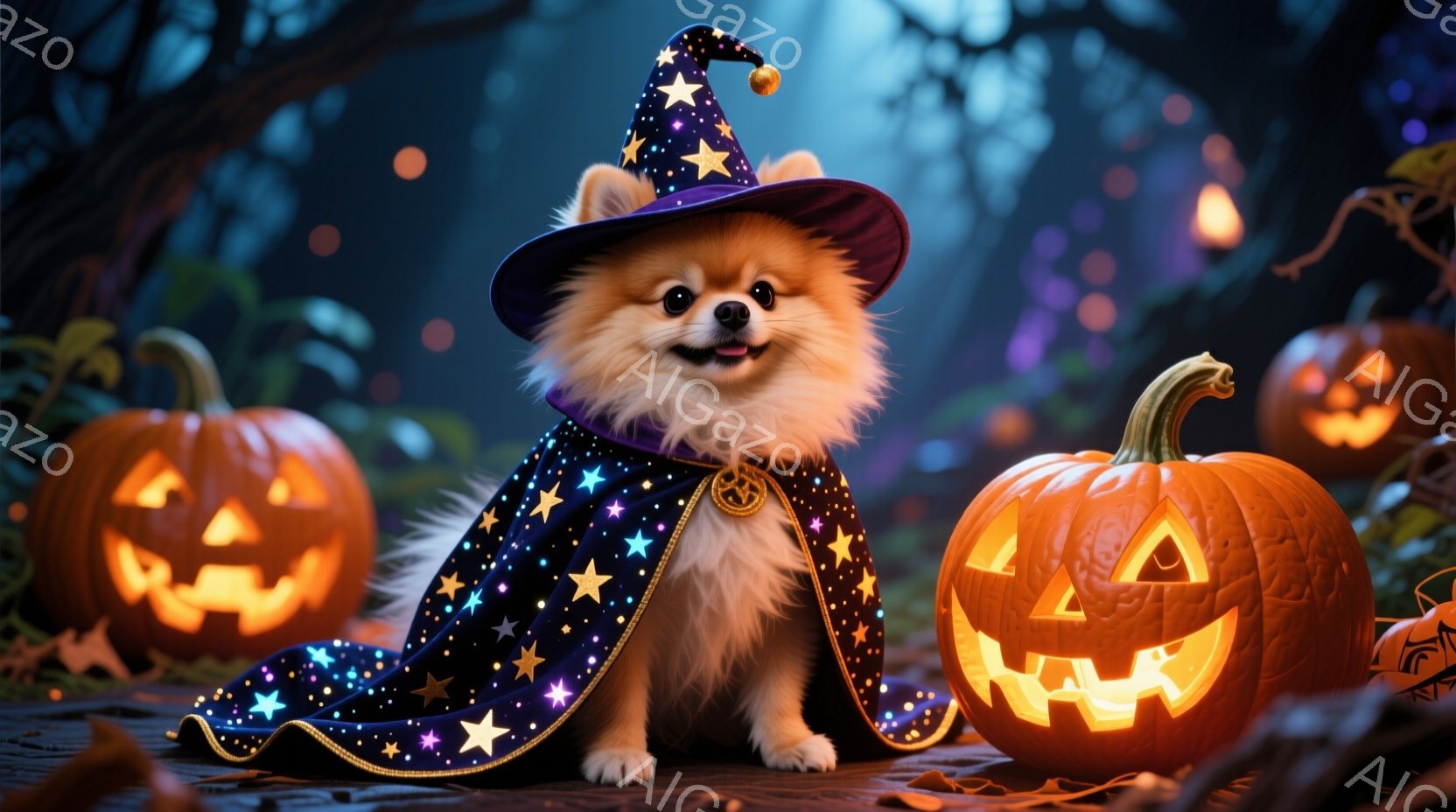 ふわふわの白茶色のポメラニアンが、星が散りばめられた紫色の魔法使いの衣装と帽子を身に着けて座っています。犬は正面を見て、幸せそうな表情を浮かべています。背景には、ジャック・オー・ランタンが点灯し、暗い - AI生成フリー素材
