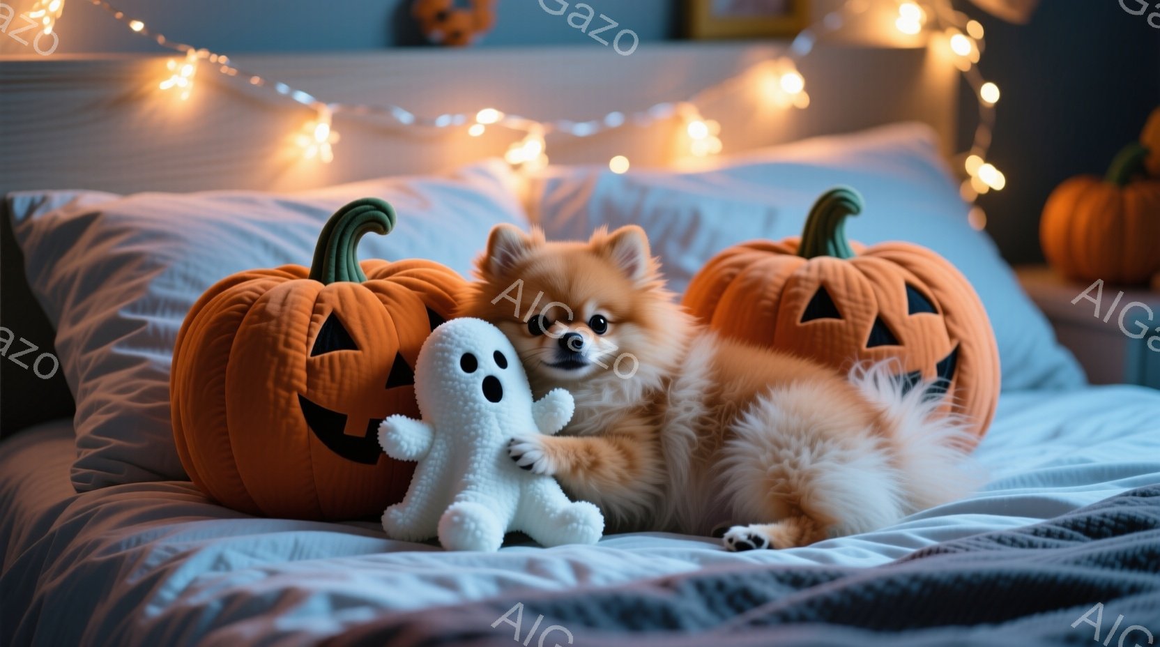 オレンジ色の毛並みのポメラニアン犬が、ハロウィーンの飾りであるジャック・オ・ランタンと白い幽霊のぬいぐるみと一緒にベッドに横たわっています。犬はリラックスした様子で、少し顔を傾けてこちらを見ており、背 - AI生成フリー素材