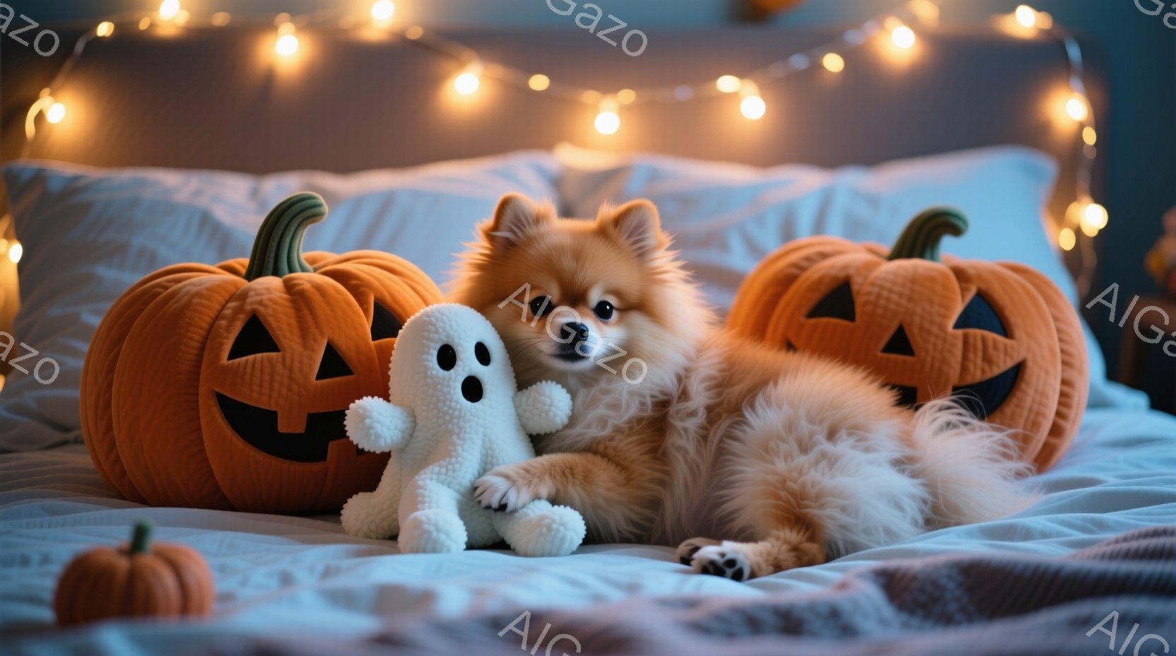 ふわふわの茶色のポメラニアンが、ハロウィーンの飾りであるオレンジ色のジャック・オー・ランタンと白いお化けのぬいぐるみと一緒にベッドに横たわっています。犬はリラックスした表情で、カメラに向かって少し微笑 - AI生成フリー素材