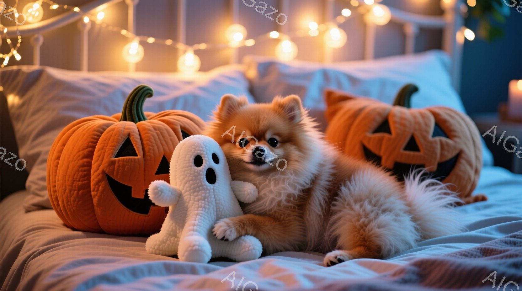 ふわふわのクリーム色のポメラニアンが、ハロウィーンの飾りであるオレンジ色のジャック・オー・ランタンと白いゴーストの人形に囲まれてベッドに横たわっています。犬はリラックスした様子で、少し前を見つめていま - AI生成フリー素材