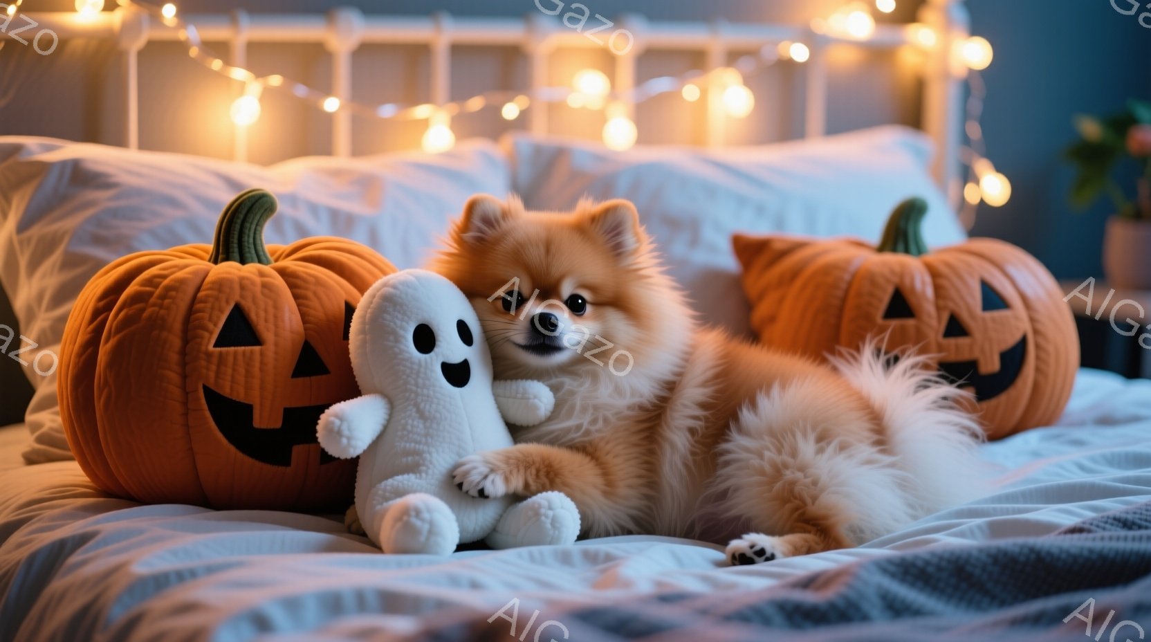 ふわふわのクリーム色の毛並みを持つポメラニアンが、ハロウィーンの装飾であるくり抜かれたカボチャと白い幽霊のぬいぐるみと一緒にベッドに横たわっています。犬は少し微笑んでおり、リラックスした様子で、全体的 - AI生成フリー素材