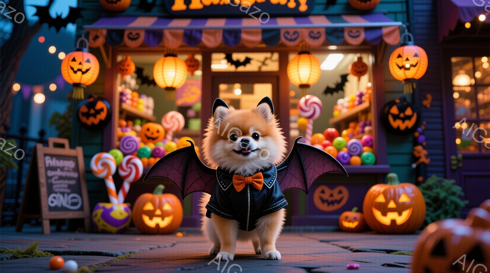 ポメラニアンの子犬が、黒い革のジャケットと翼をつけてハロウィーンの飾り付けがされたお店の前に立っています。背景には、かぼちゃのランタン、キャンディー、色とりどりのハロウィーンの装飾が並び、祝祭的な雰囲 - AI生成フリー素材
