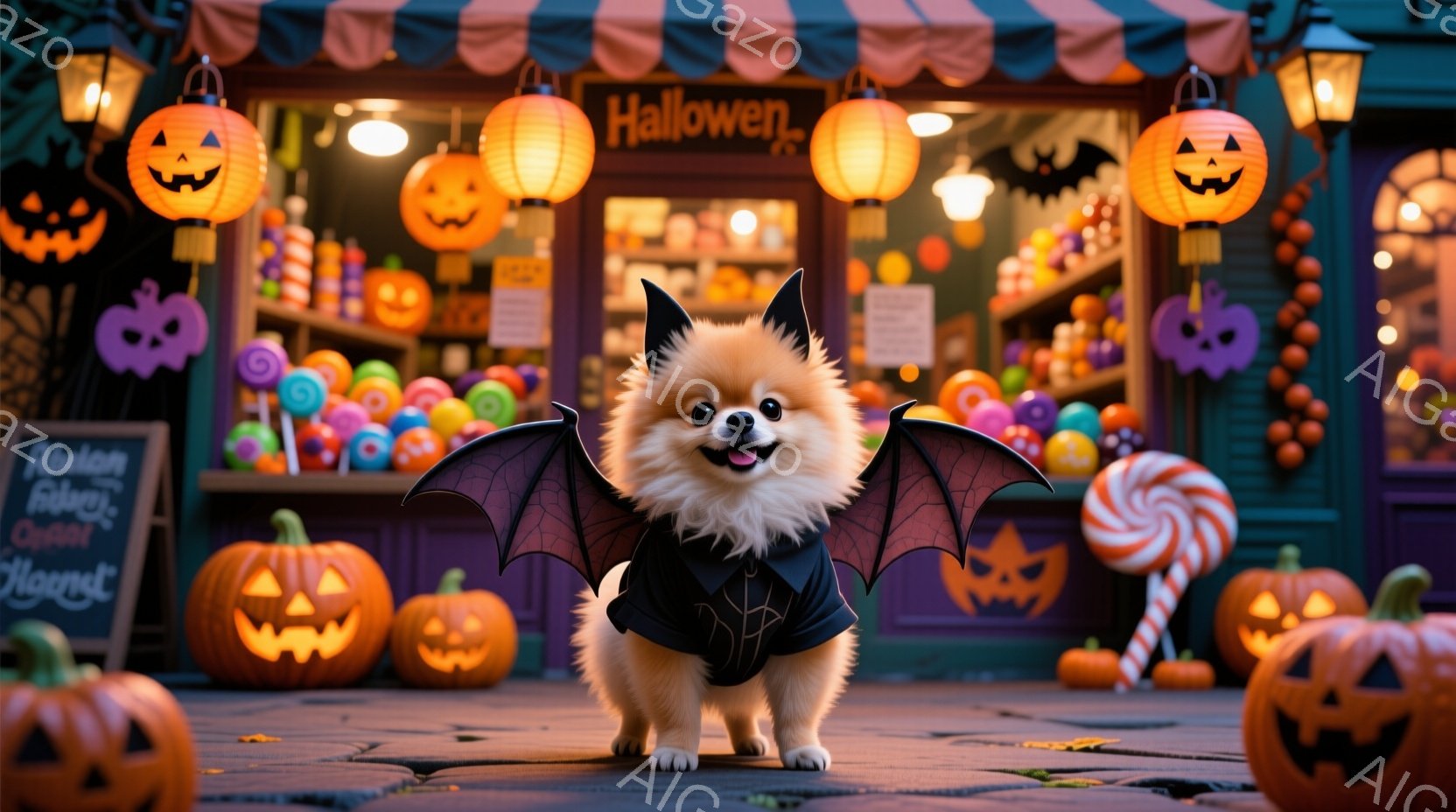ふわふわの白い毛並みを持つポメラニアンが、小さなコウモリの翼が付いたハロウィンの衣装を着ています。楽しそうな表情でカメラに向かって座っており、背景にはハロウィンの装飾が施されたお店と、様々な大きさのジャック・オ・ランタンが並んでいます。全体的に明るく、お祭り気分を盛り上げるような楽しい雰囲気です。