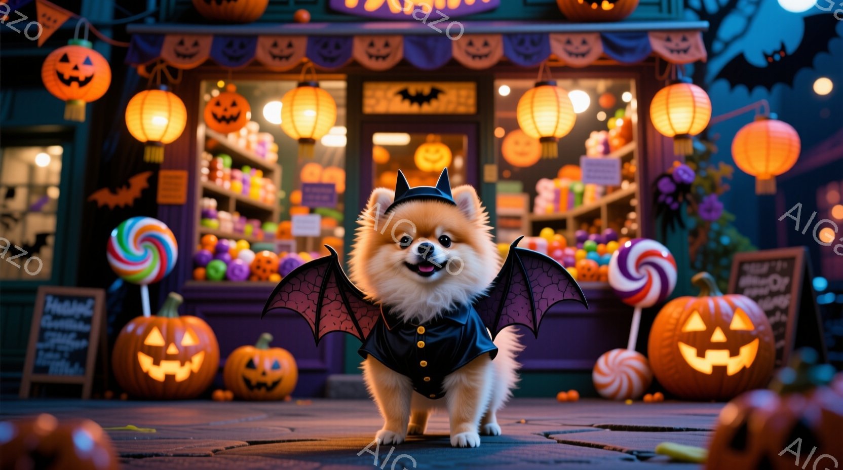 ポメラニアンの子犬が、コウモリの羽が付いたハロウィーンの衣装を着て正面を向いて立っています。背景には、カラフルなキャンディで飾られた店と、カボチャのランタンが並べられており、お祭り気分を盛り上げていま - AI生成フリー素材