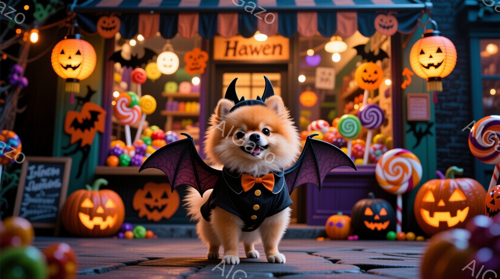 ふわふわのポメラニアンが、ハロウィーンの蝙蝠のコスチュームを着て、紫色の背景の前で立っている。背景には、カラフルなキャンディーやカボチャが飾られた店があり、全体的に明るくお祝いの雰囲気である。ポメラニアンは正面を見据え、可愛らしい表情をしている。