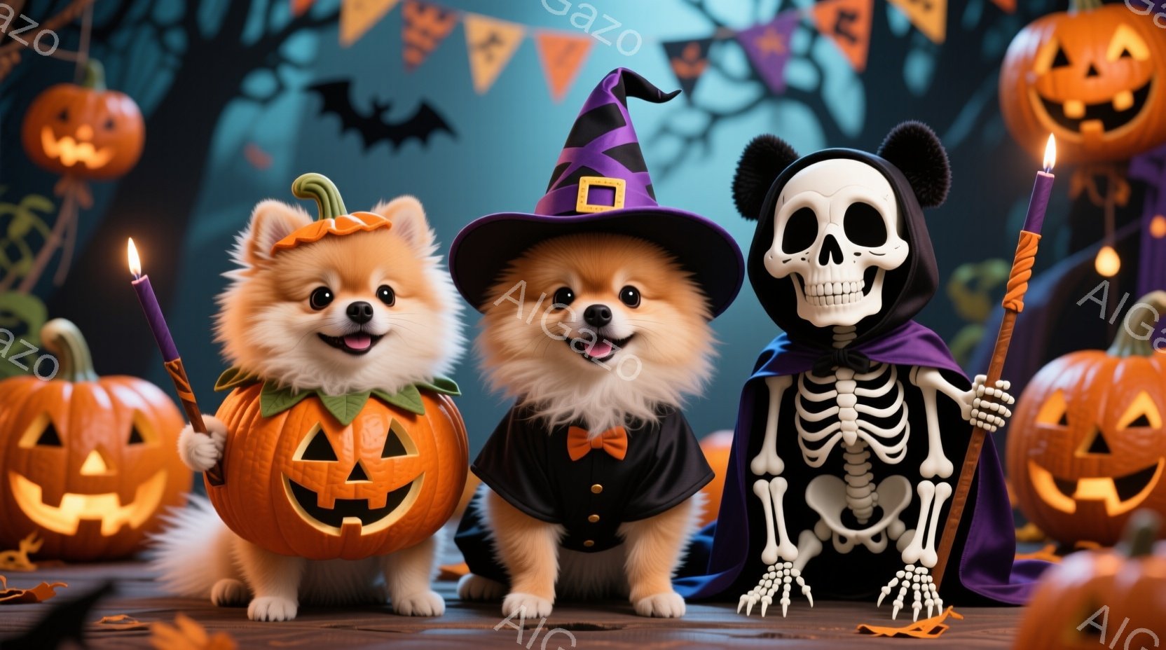ポメラニアンの犬が３匹、ハロウィーンの衣装を着て並んでいます。１匹はかぼちゃの衣装、１匹は魔女の帽子とリボンで飾られ、もう１匹は骸骨の衣装を身につけています。背景には、オレンジ色のジャック・オー・ラン - AI生成フリー素材