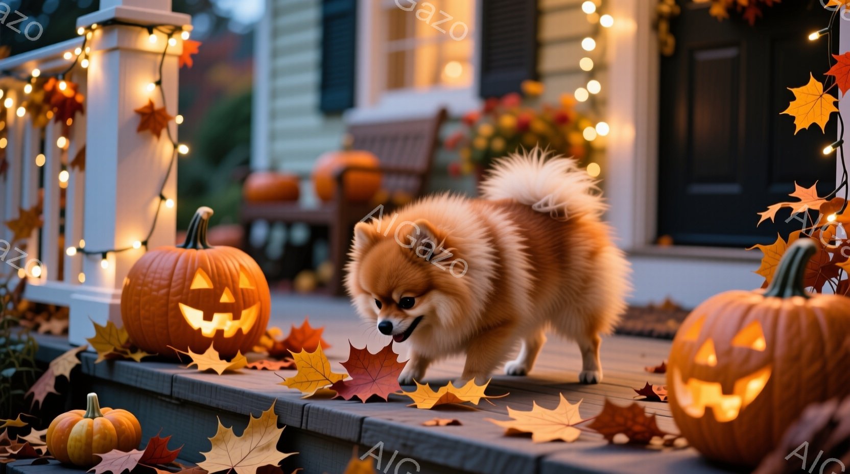 ポメラニアン犬が、ハロウィーンの装飾が施された家のベランダで、落ち葉を踏みしめるように歩いている。オレンジ色のカボチャのランタンや、オレンジ、黄色、赤色の落ち葉がベランダを彩り、背景には薄暗い夕暮れ時 - AI生成フリー素材