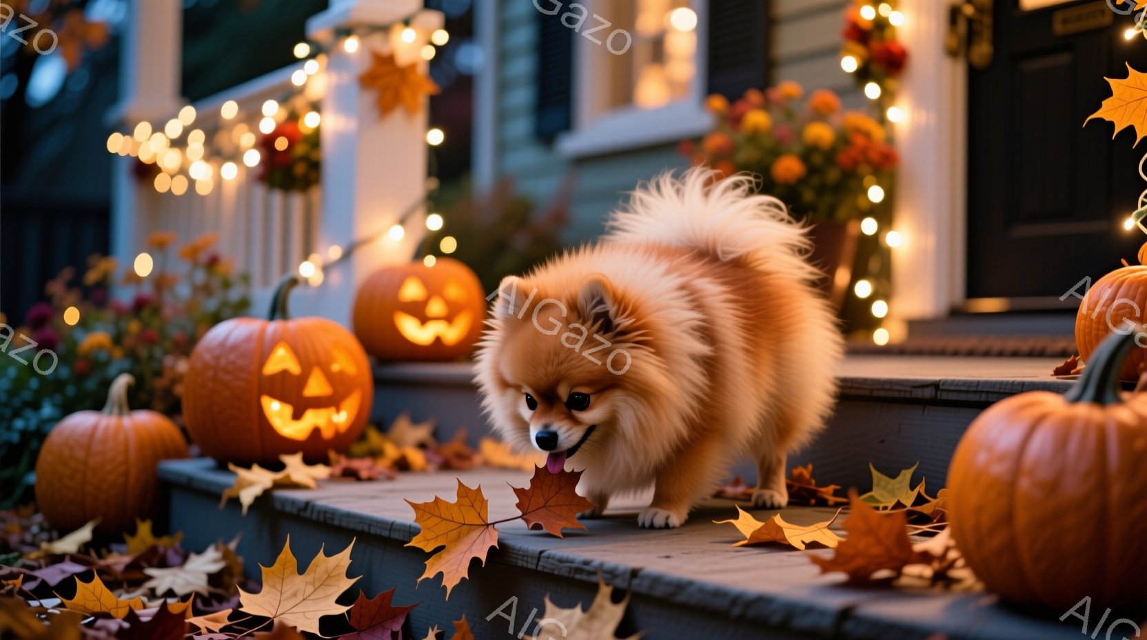 暖炉の前に飾られたハロウィーンの飾り付けの中で、ふわふわのオレンジ色のポメラニアンが階段を歩いています。その犬は口に紅葉の葉っぱを挟んでおり、楽しそうな表情をしています。背景には、オレンジ色の光が灯っ - AI生成フリー素材