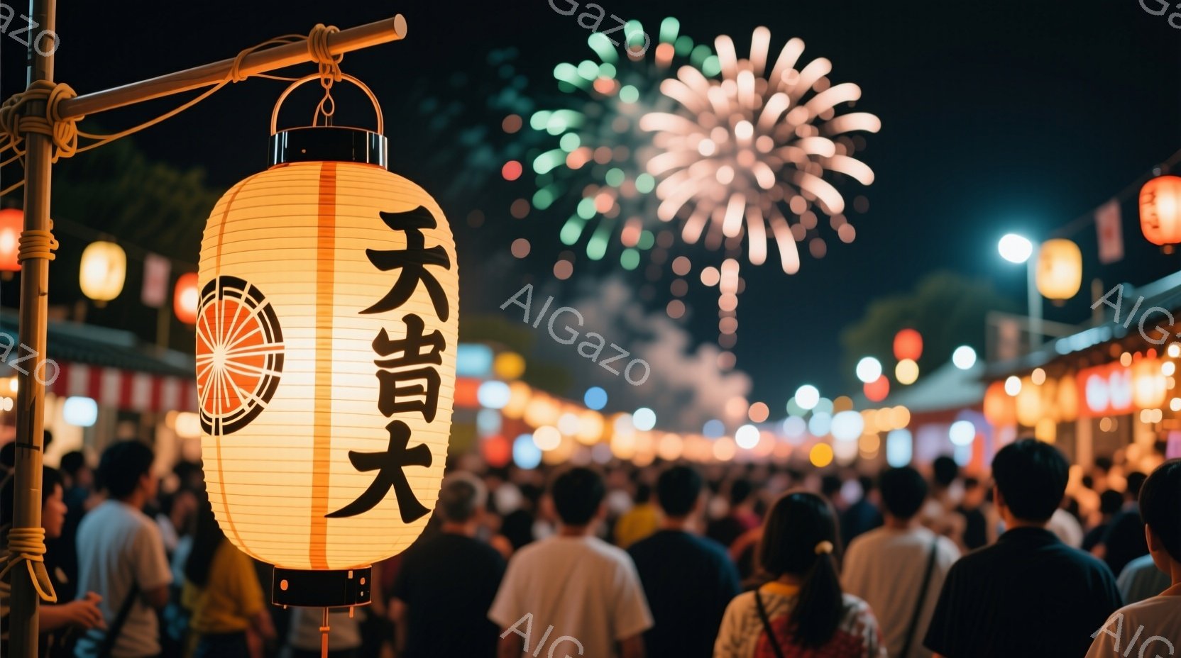 提灯が大きく画面の左側に映っており、その提灯には黒色の漢字で「大」と書かれています。背景には多くの人々が祭り会場で後ろ姿を見せ、その上空には緑色の花火が夜空を彩っています。全体的に賑やかで活気のある祭 - AI生成フリー素材