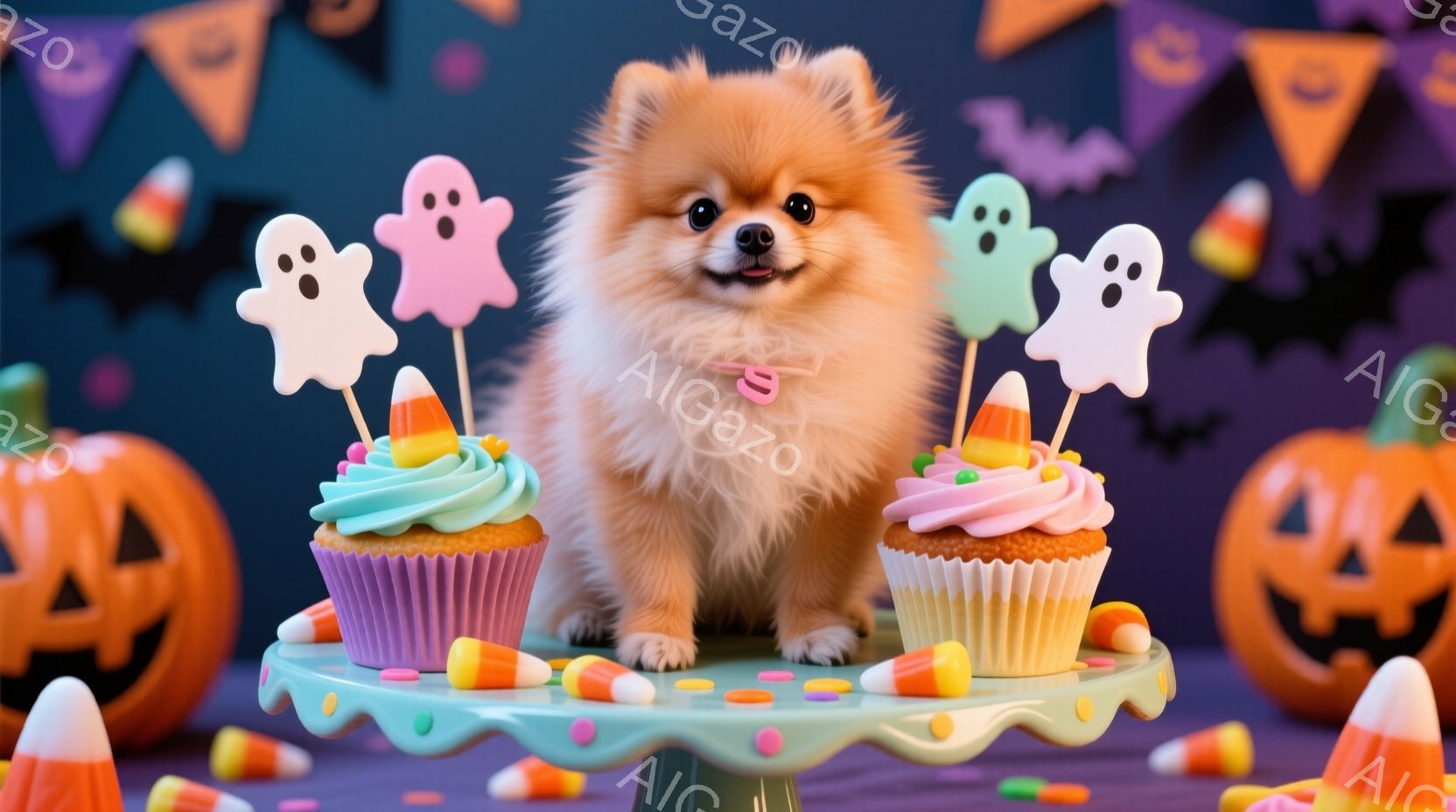 ポメラニアンの子犬が、ハロウィーンをテーマにしたケーキスタンドの上に立っています。ケーキは紫とピンクのアイシングで飾られ、キャンディコーンと幽霊の形をしたトッピングが飾られています。背景には、ジャック - AI生成フリー素材