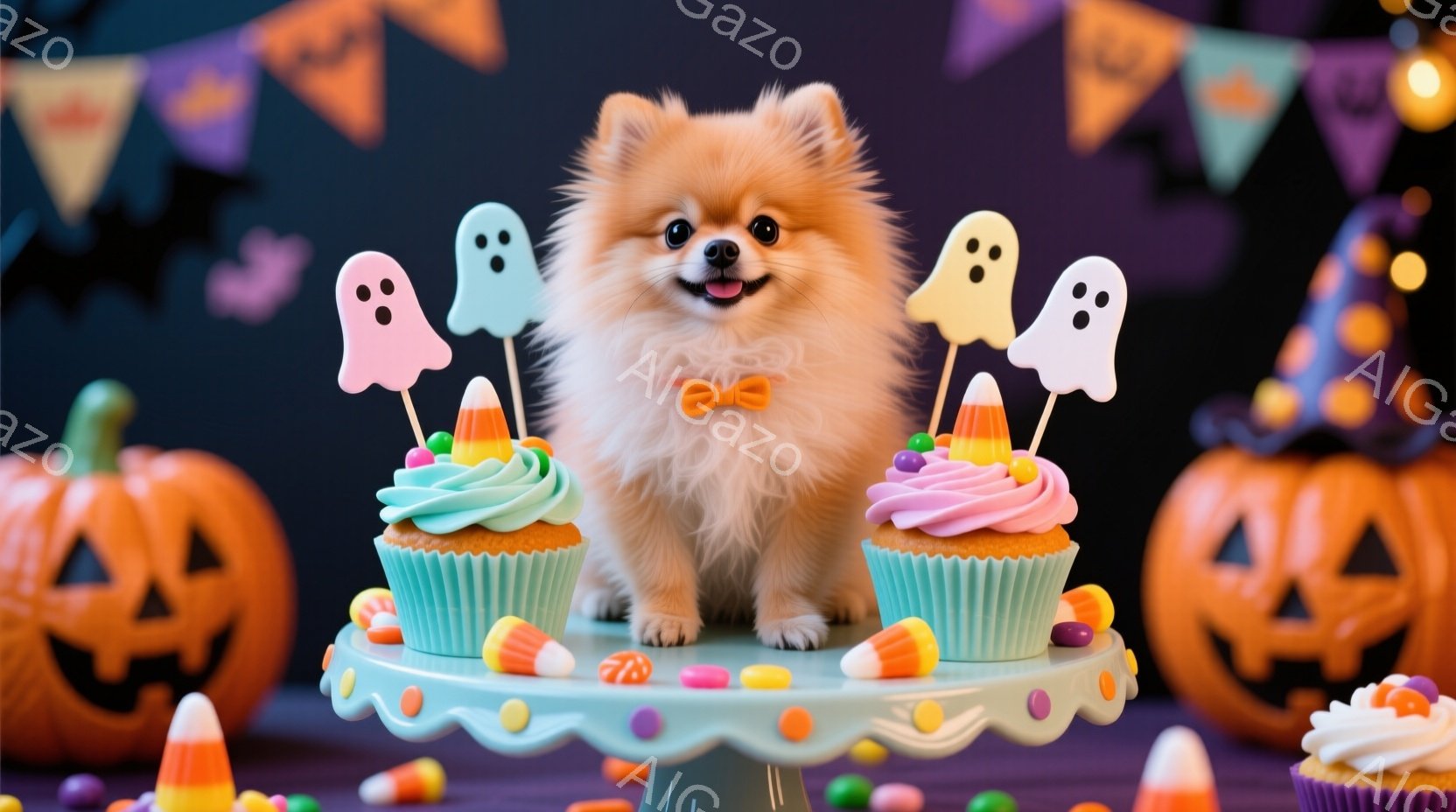 ポメラニアンの子犬が、ハロウィーンをテーマにしたケーキの盛り合わせの上に座っています。オレンジ色のリボンを首に巻き、少し上目遣いでカメラを見ており、可愛らしい表情をしています。背景には、ジャック・オ・ - AI生成フリー素材