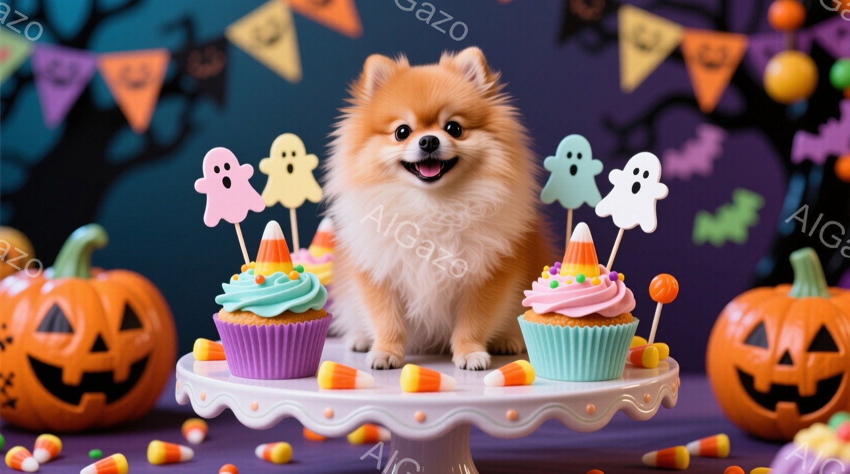 ポメラニアン犬が、ハロウィーンの飾り付けられたケーキスタンドの前に座っています。紫色のケーキには、水色のアイシングとオレンジ色のキャンディコーンが飾られ、お化けのピックが挿されています。背景には、オレ - AI生成フリー素材