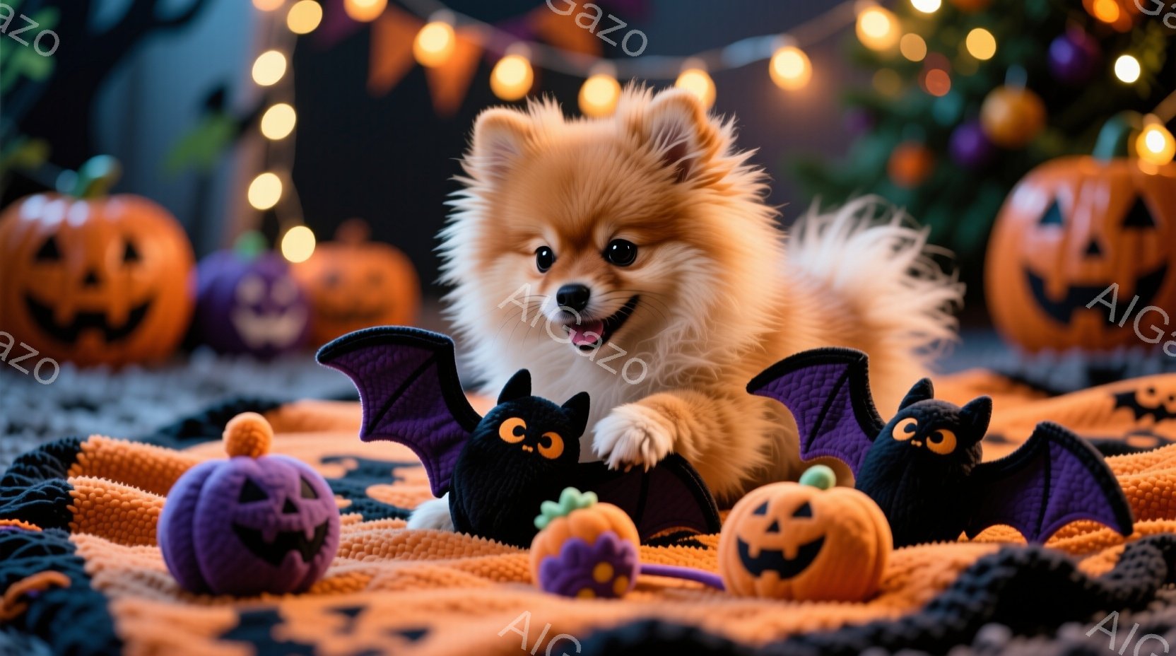 ふわふわのクリーム色のポメラニアンが、ハロウィーンの飾り付けに囲まれて横たわっています。黒いコウモリのぬいぐるみとオレンジと紫の小さなカボチャのおもちゃに囲まれ、幸せそうな表情でカメラを見つめています - AI生成フリー素材